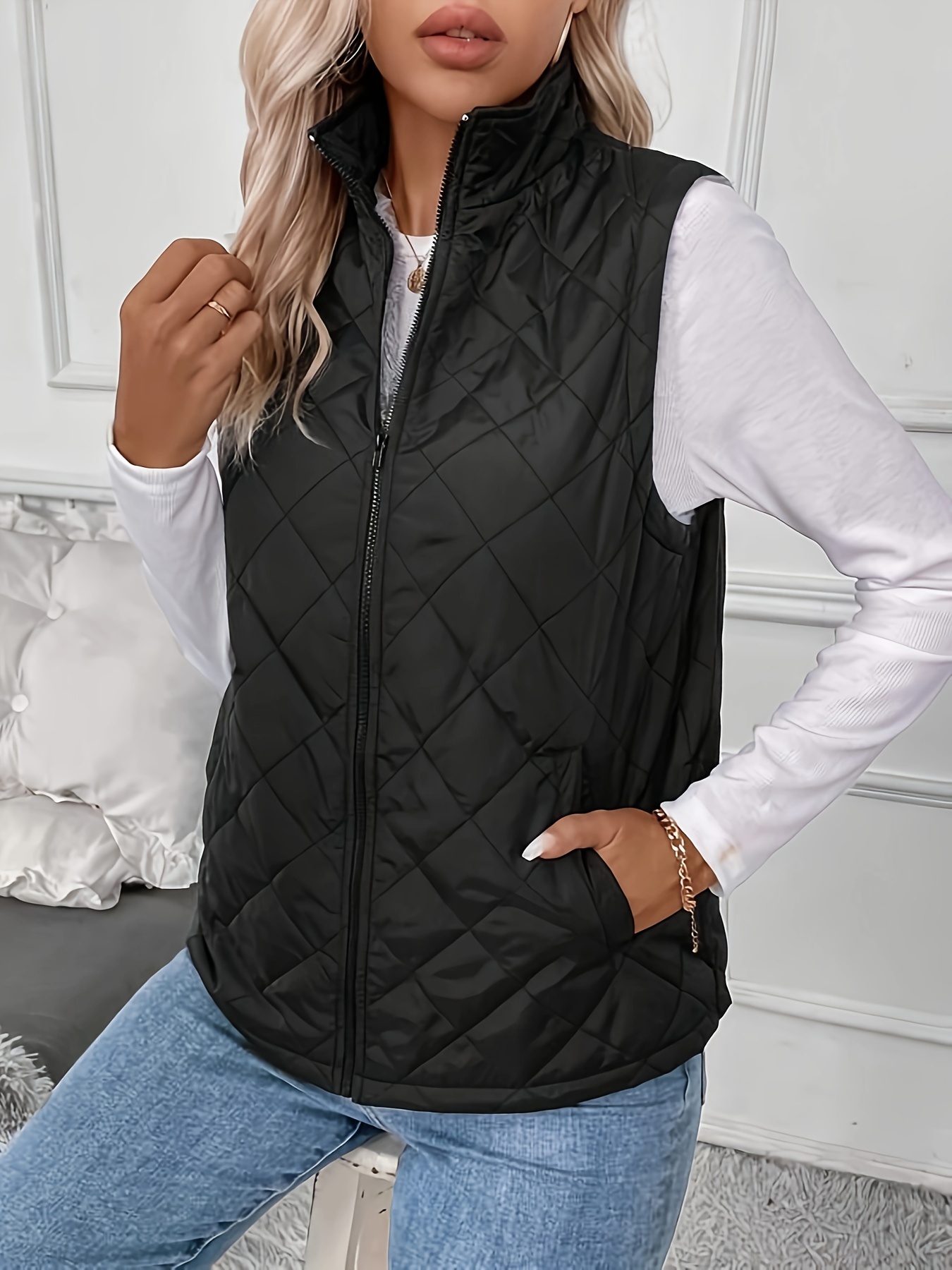 argyle pattern fall winter vest casual zip up sleeveless vest womens clothing details 4