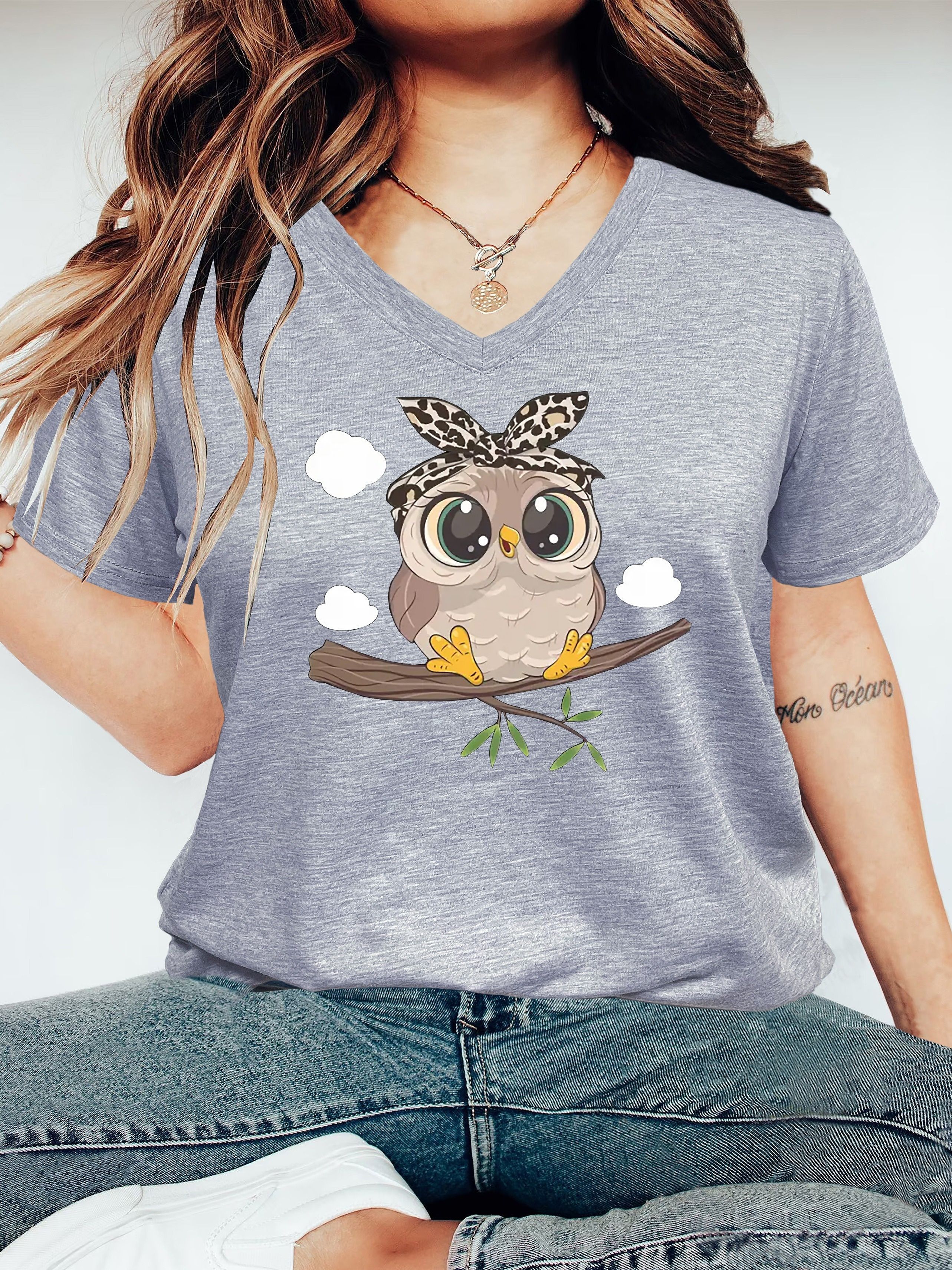 cute owl print v neck t shirt, cute owl print v neck t shirt casual short sleeve t shirt for spring summer womens clothing details 21