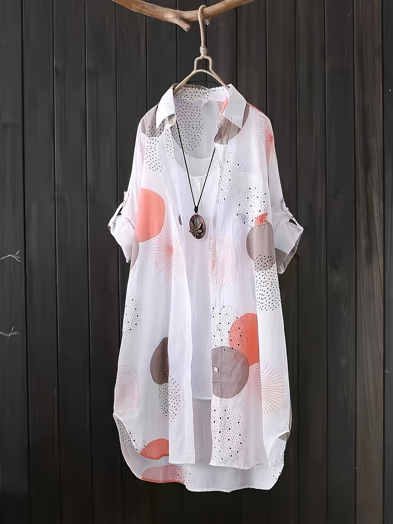 allover print button front blouse, allover print button front blouse casual long sleeve thigh length blouse for spring fall womens clothing details 5