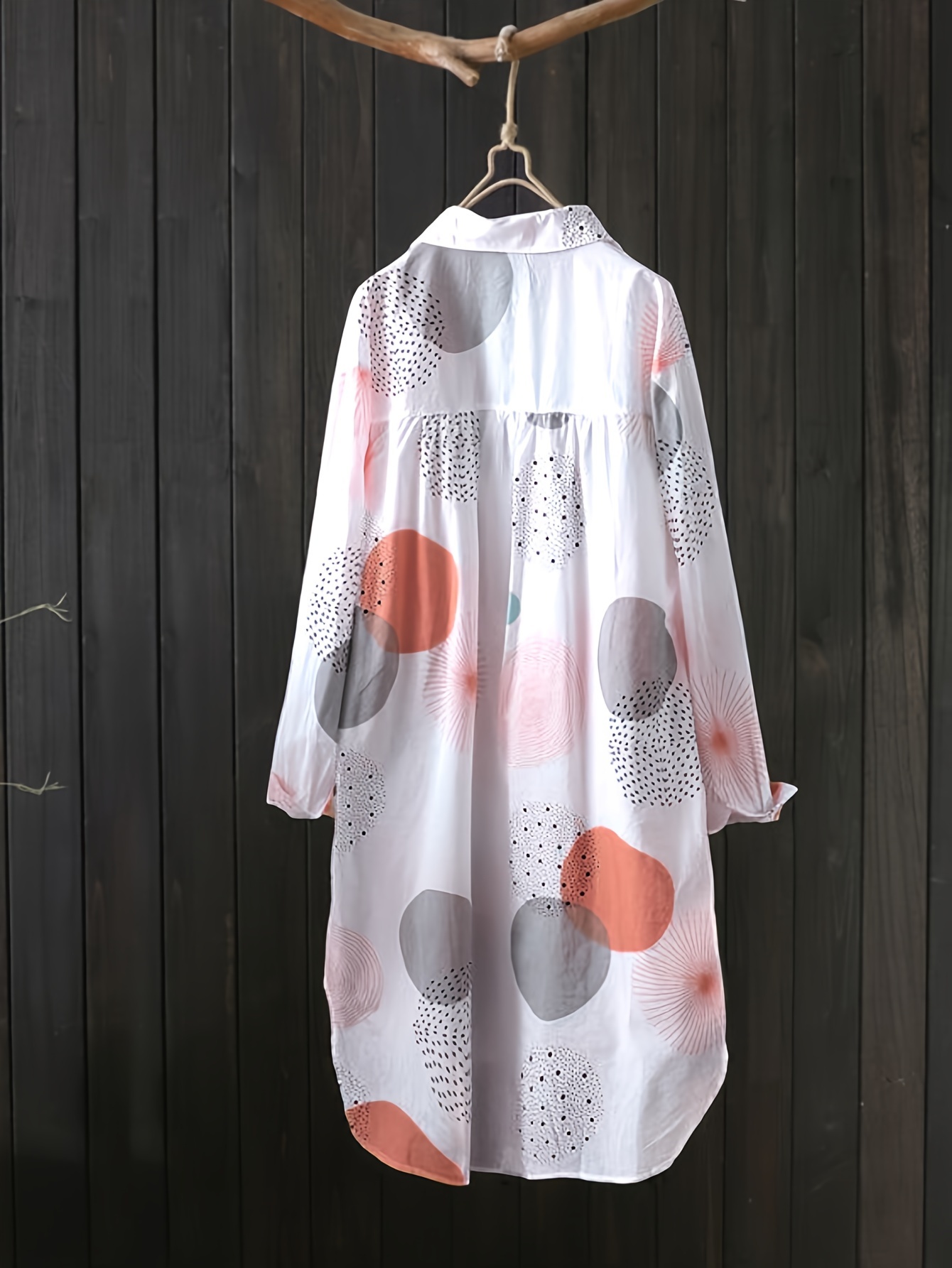 allover print button front blouse, allover print button front blouse casual long sleeve thigh length blouse for spring fall womens clothing details 6