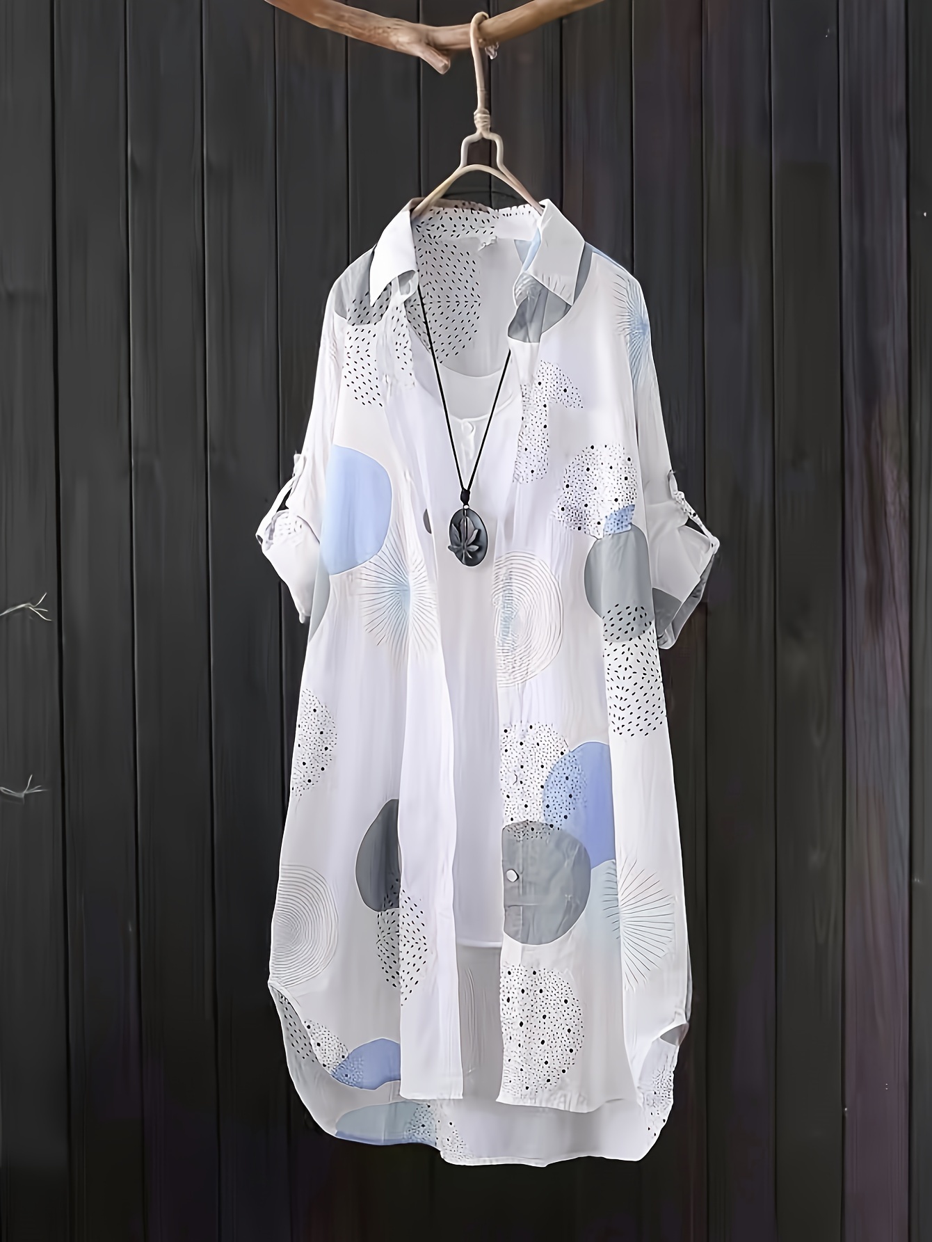 allover print button front blouse, allover print button front blouse casual long sleeve thigh length blouse for spring fall womens clothing details 15