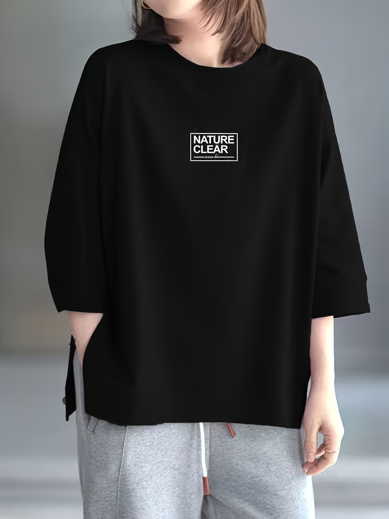 letter print simple t shirt casual drop shoulder 3 4 sleeve crew neck t shirt womens clothing details 11