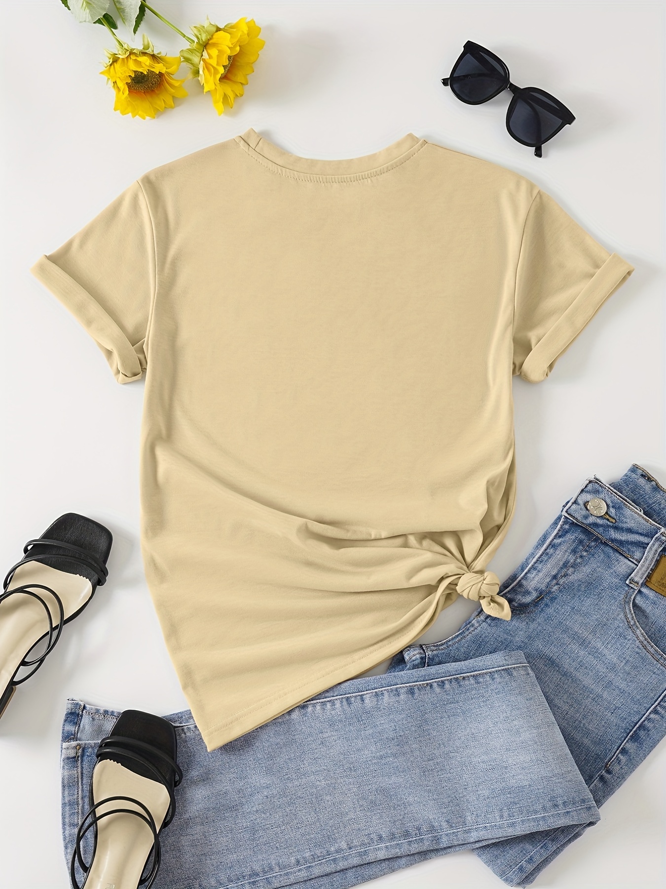 letter print crew neck t shirt casual short sleeve top for spring summer womens clothing details 13