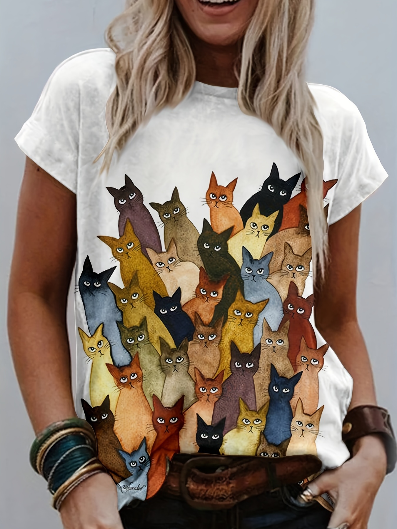 cat print crew neck t shirt, cat print crew neck t shirt casual short sleeve t shirt for spring summer womens clothing details 5