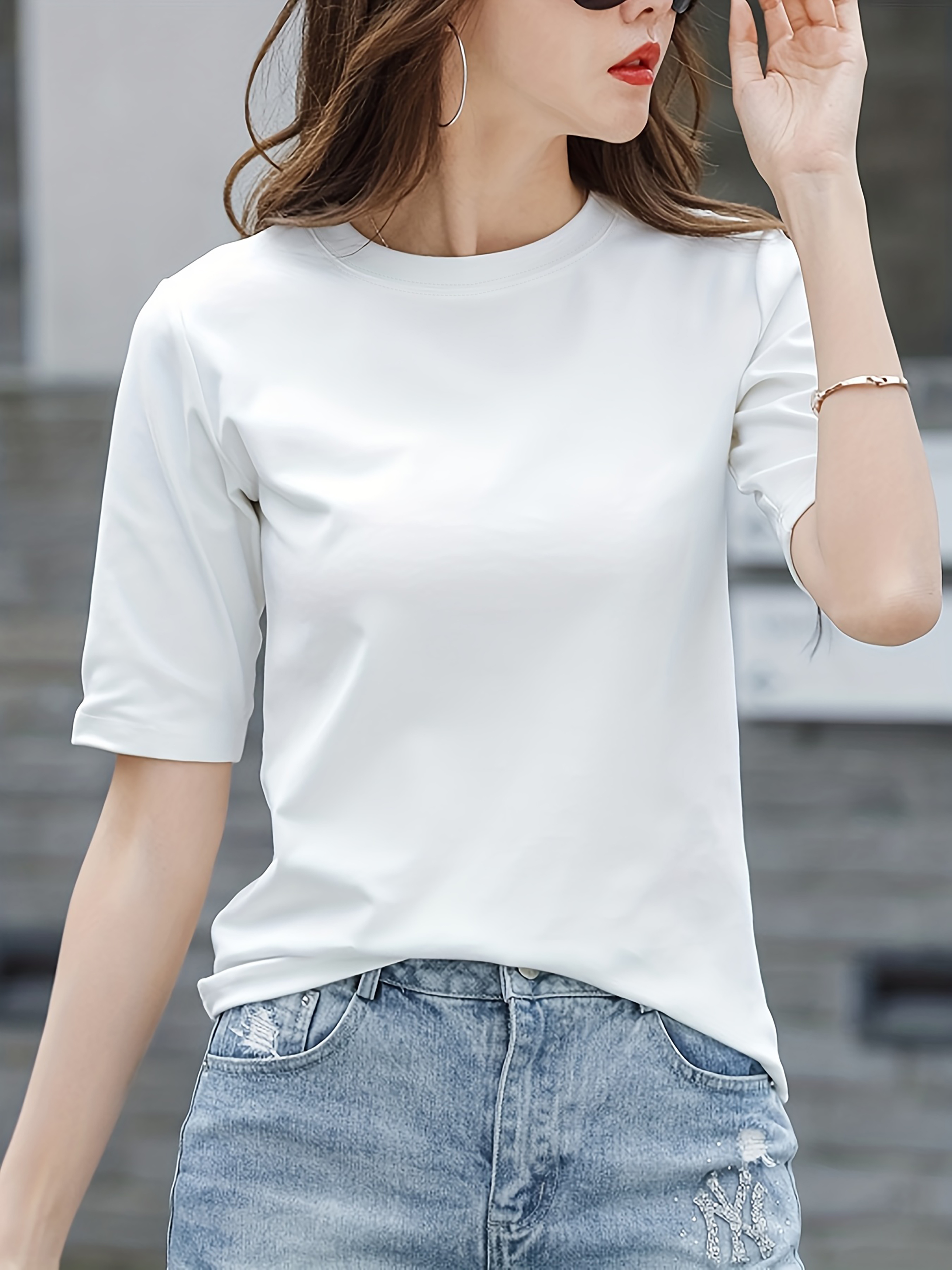 short sleeve crew neck t shirt casual top for summer spring womens clothing details 18