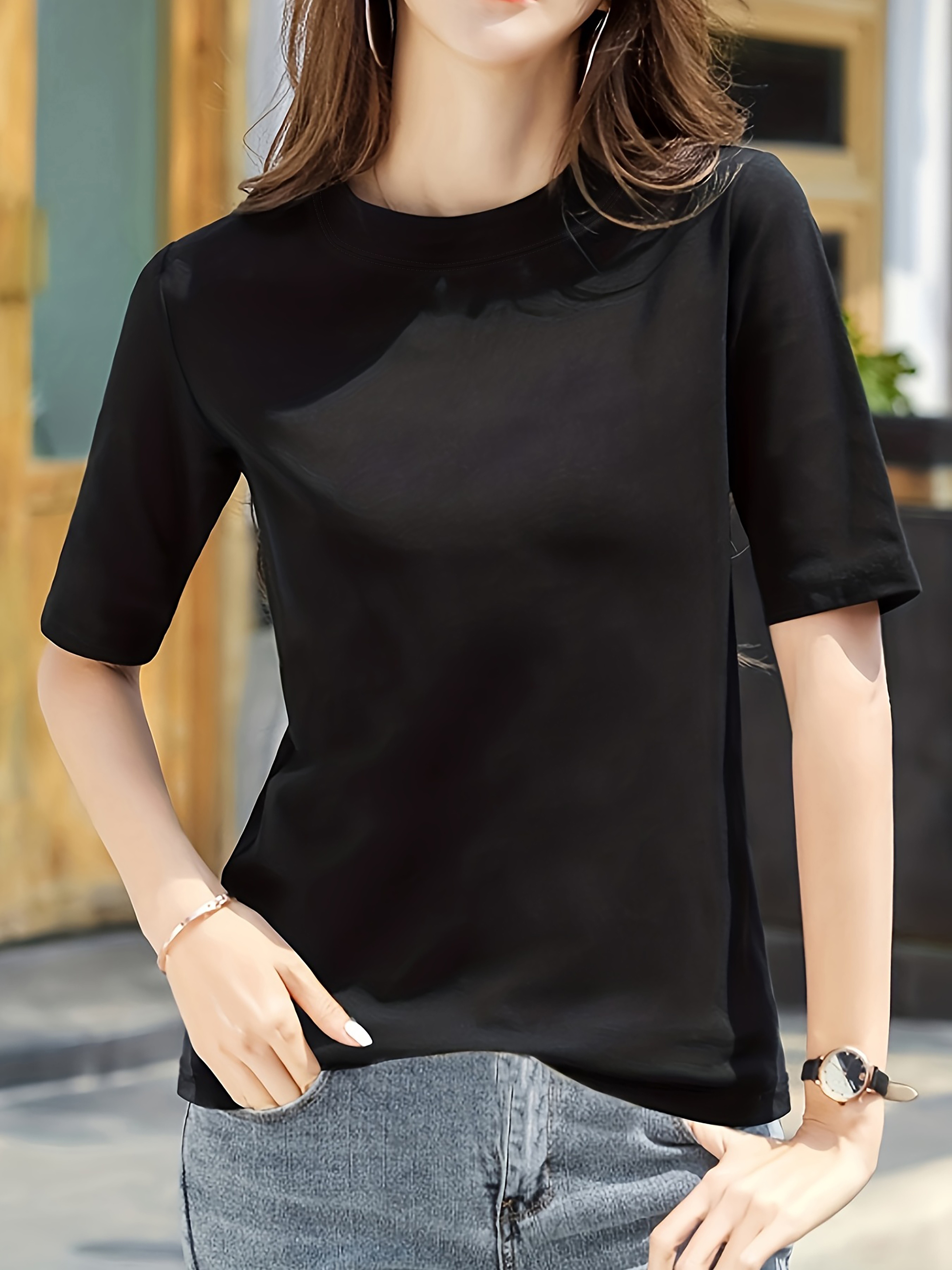 short sleeve crew neck t shirt casual top for summer spring womens clothing details 20