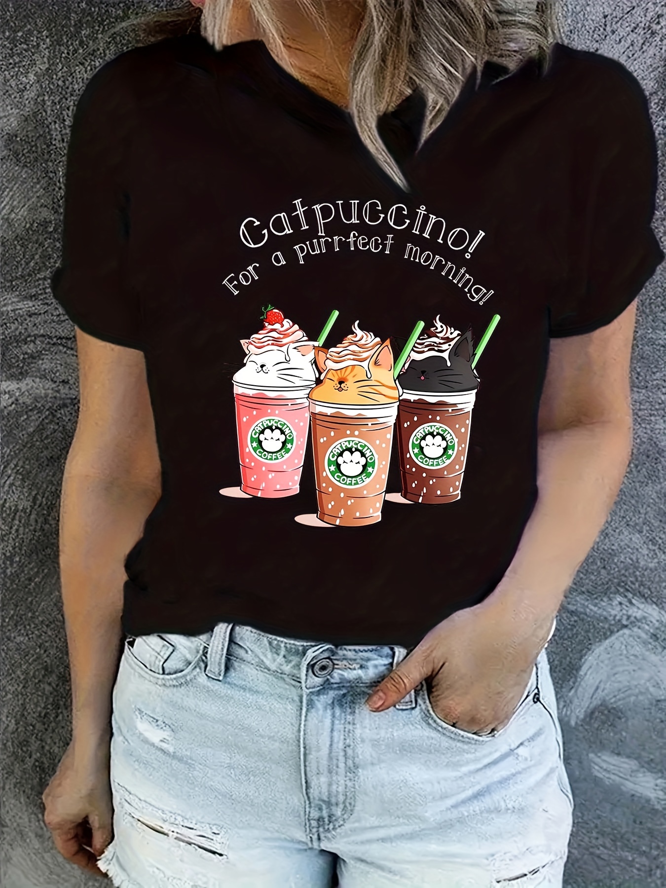 coffee cat print crew neck t shirt casual short sleeve summer top womens clothing details 1