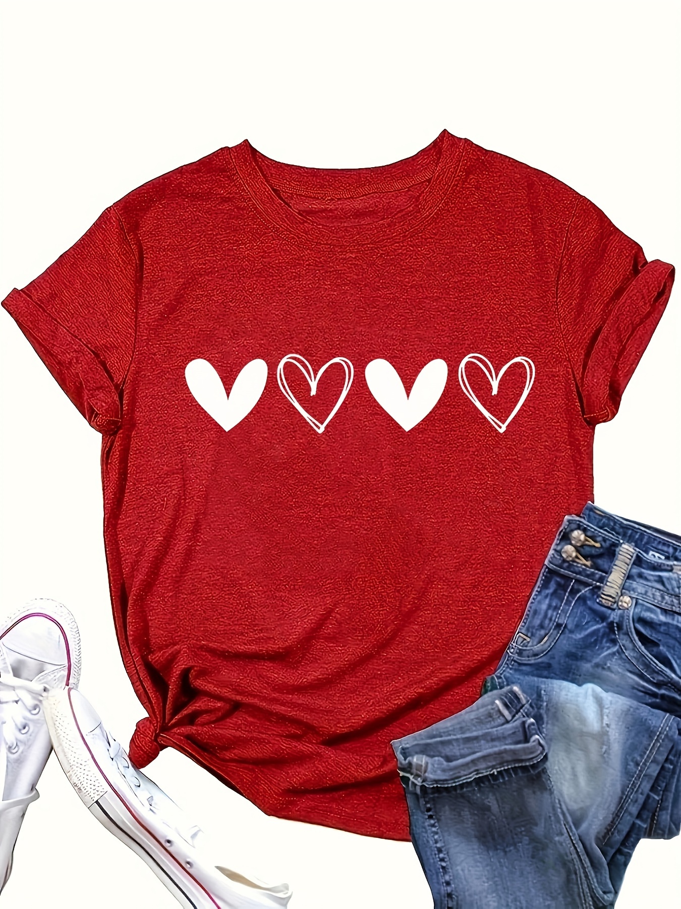 heart print crew neck t shirt cute short sleeve t shirt for spring summer womens clothing details 13