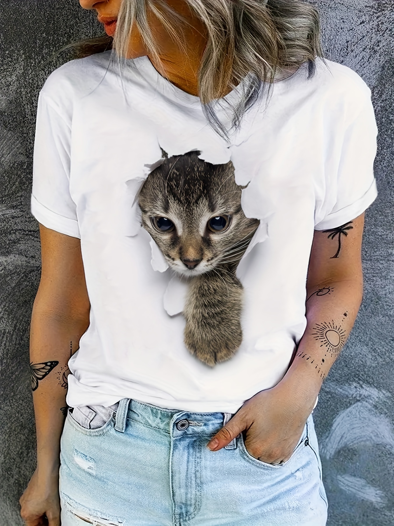 cute cat print t shirt crew neck short sleeve t shirt casual every day tops womens clothing details 0