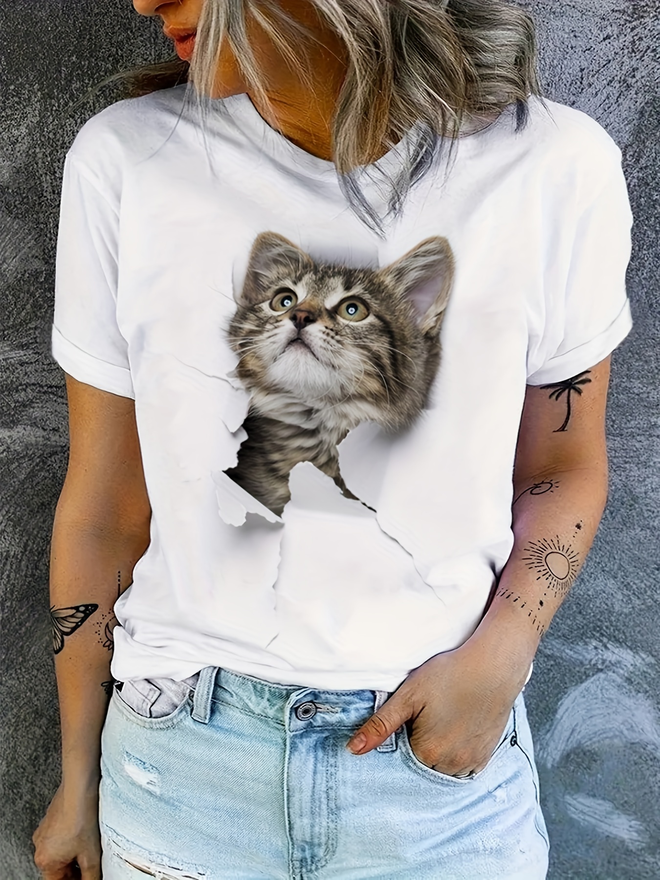 cute cat print t shirt crew neck short sleeve t shirt casual every day tops womens clothing details 15