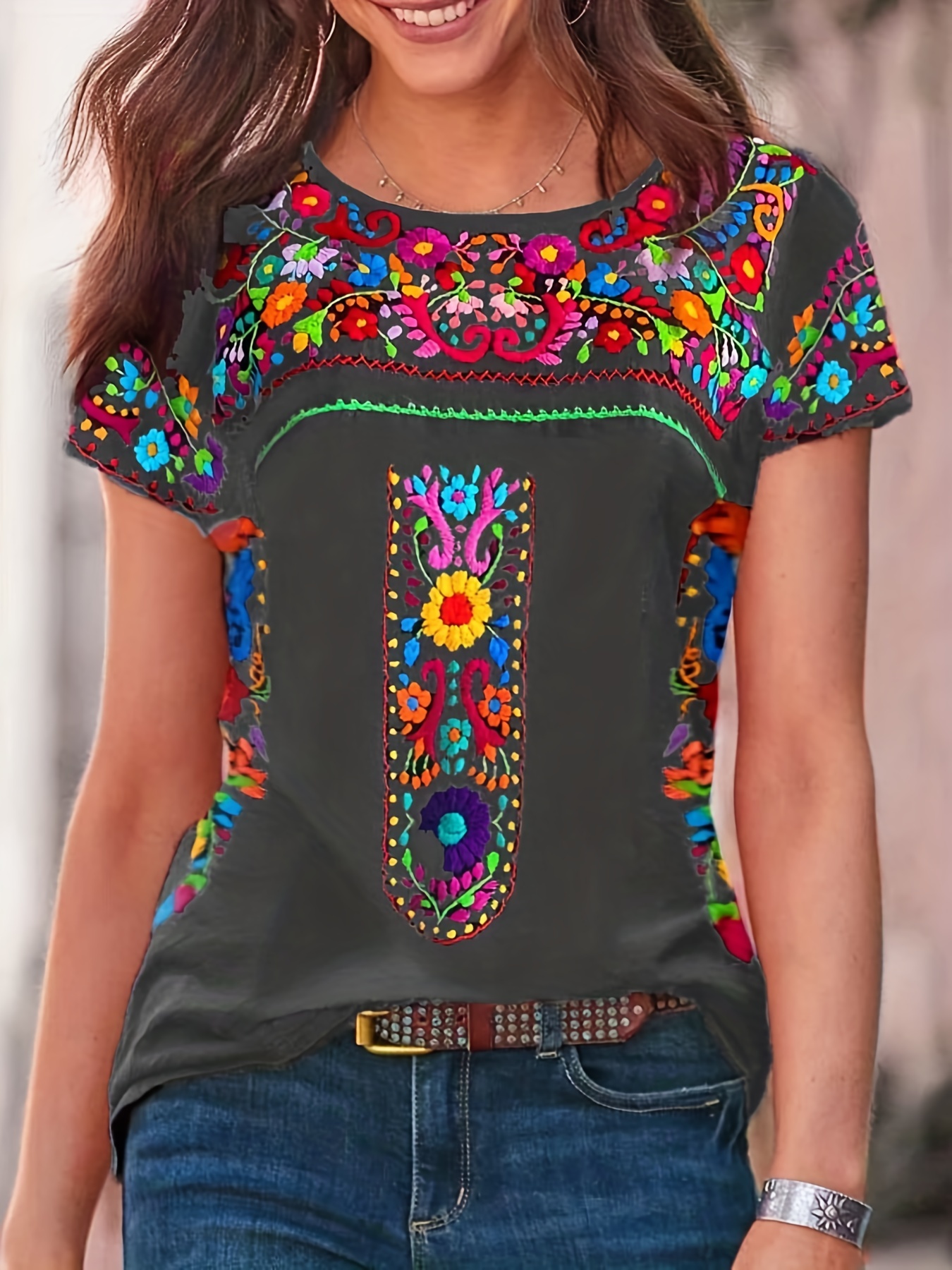 boho floral print t shirt ethnic crew neck short sleeve summer t shirt womens clothing details 5