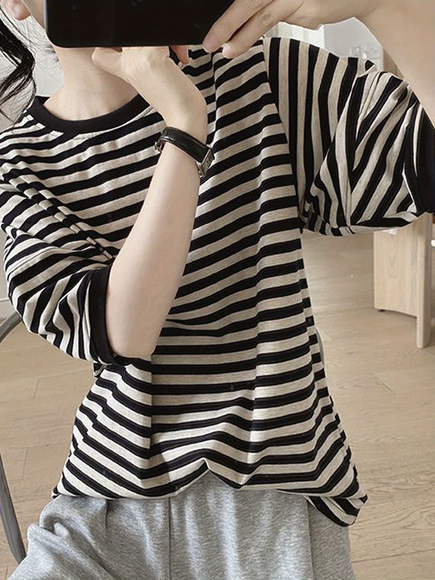 crew neck striped t shirt random print casual top for summer spring womens clothing details 3