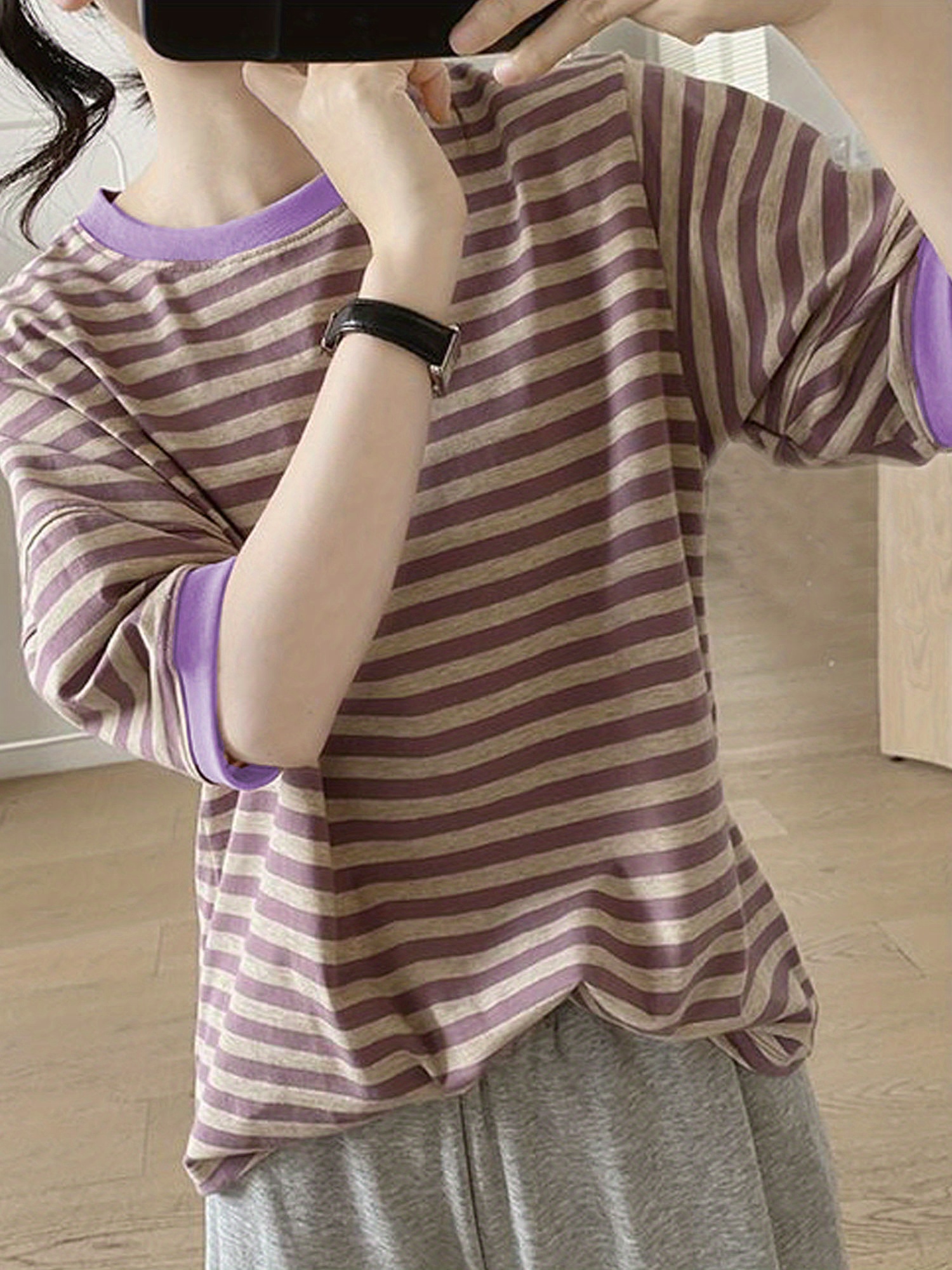 crew neck striped t shirt random print casual top for summer spring womens clothing details 5