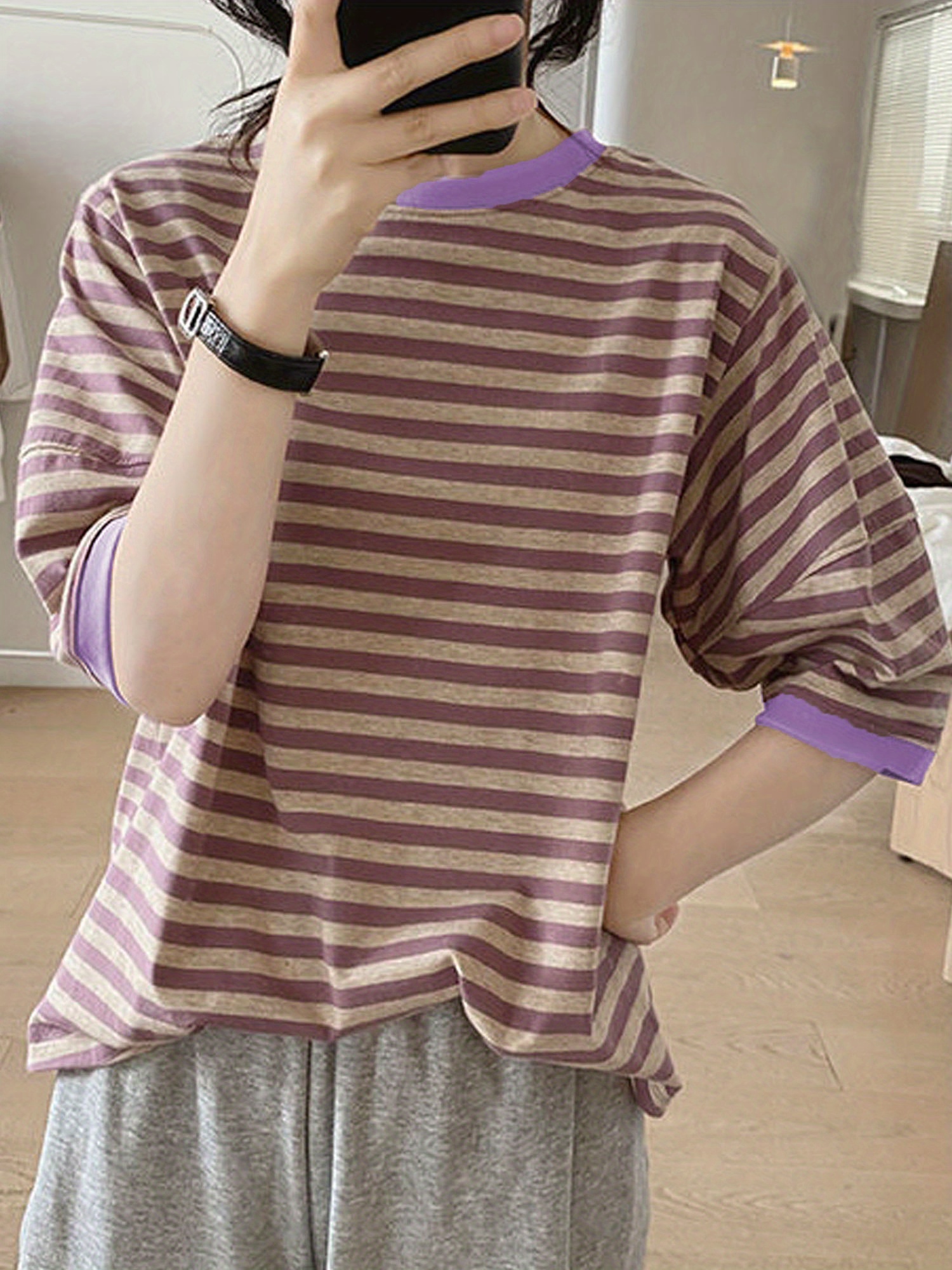 crew neck striped t shirt random print casual top for summer spring womens clothing details 8