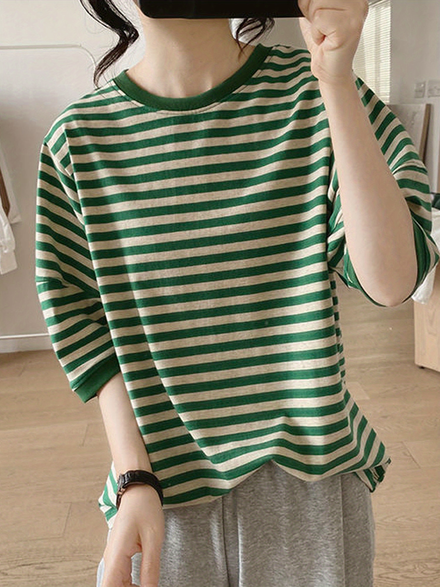 crew neck striped t shirt random print casual top for summer spring womens clothing details 11