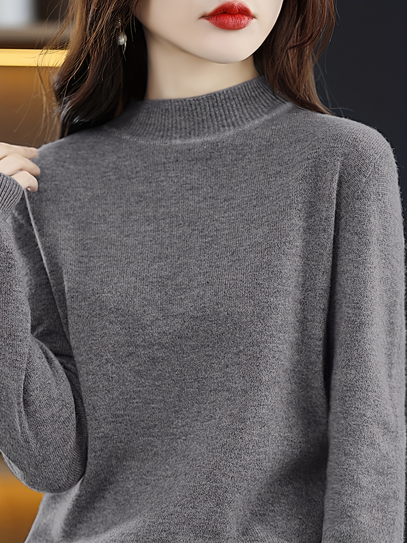 solid mock neck knit sweater casual long sleeve simple sweater womens clothing details 3