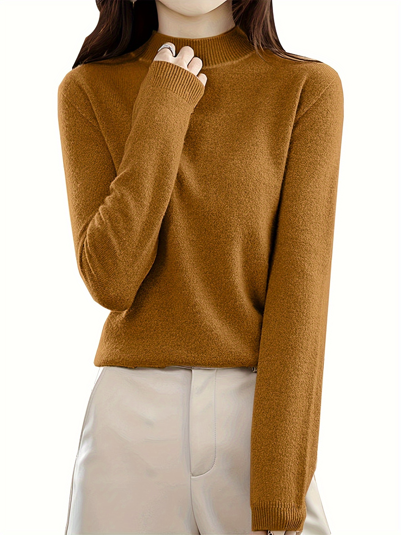 solid mock neck knit sweater casual long sleeve simple sweater womens clothing details 14