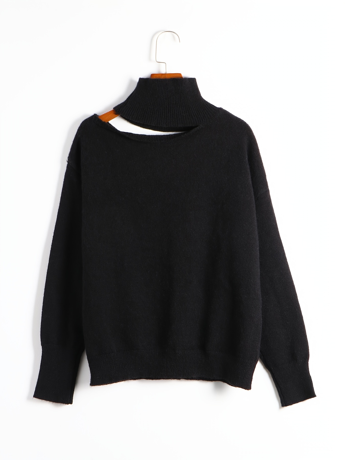 cut out solid knit sweater casual high neck long sleeve sweater womens clothing details 4