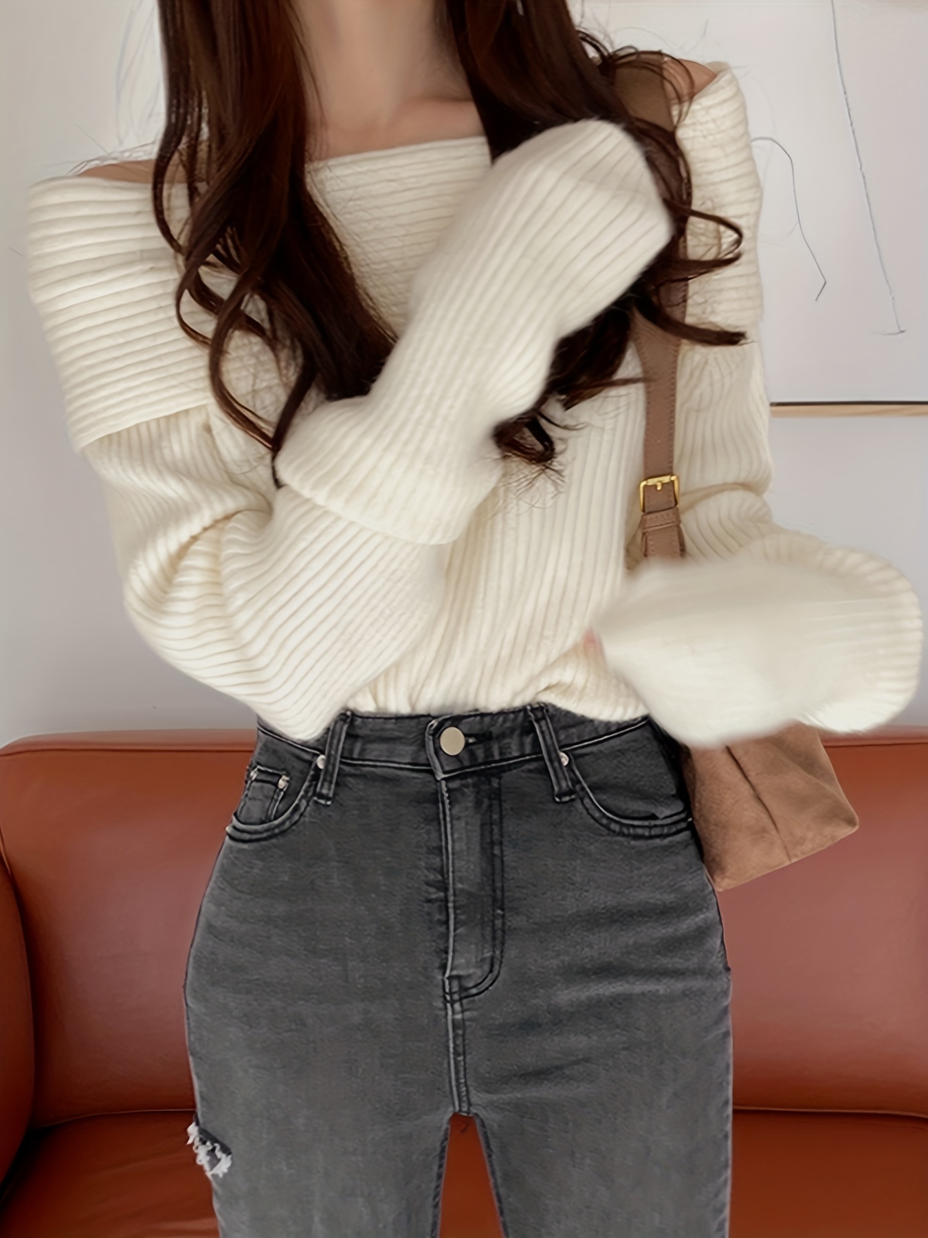 solid off shoulder pullover sweater casual long sleeve fashion sweater womens clothing details 4