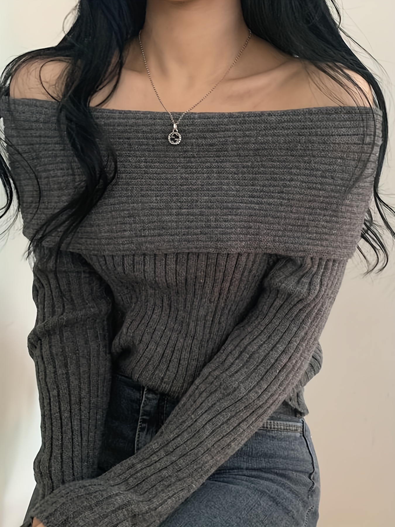 solid off shoulder pullover sweater casual long sleeve fashion sweater womens clothing details 6