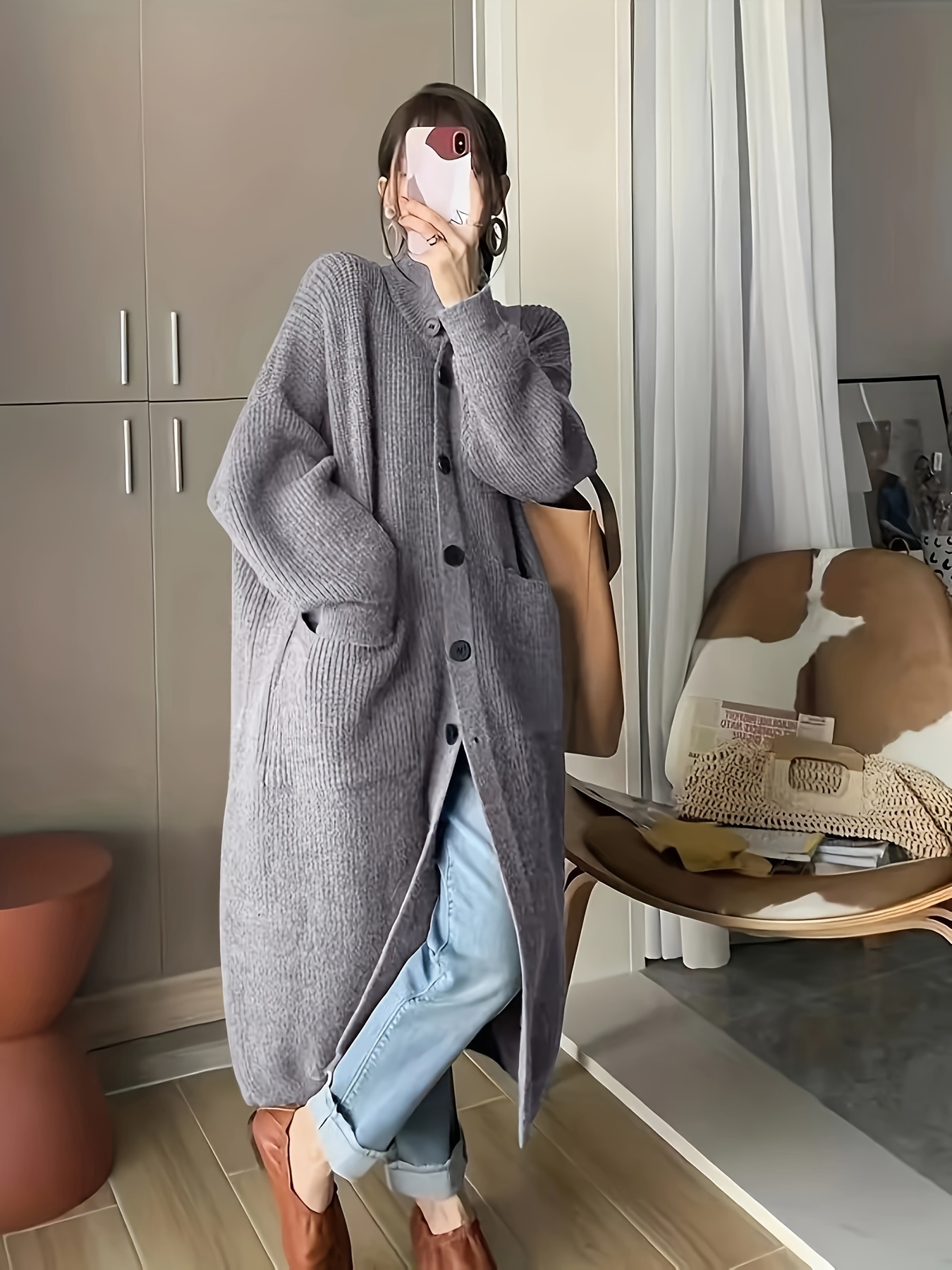 solid button front turtle neck cardigan casual long sleeve pocket oversized sweater overcoat womens clothing details 3