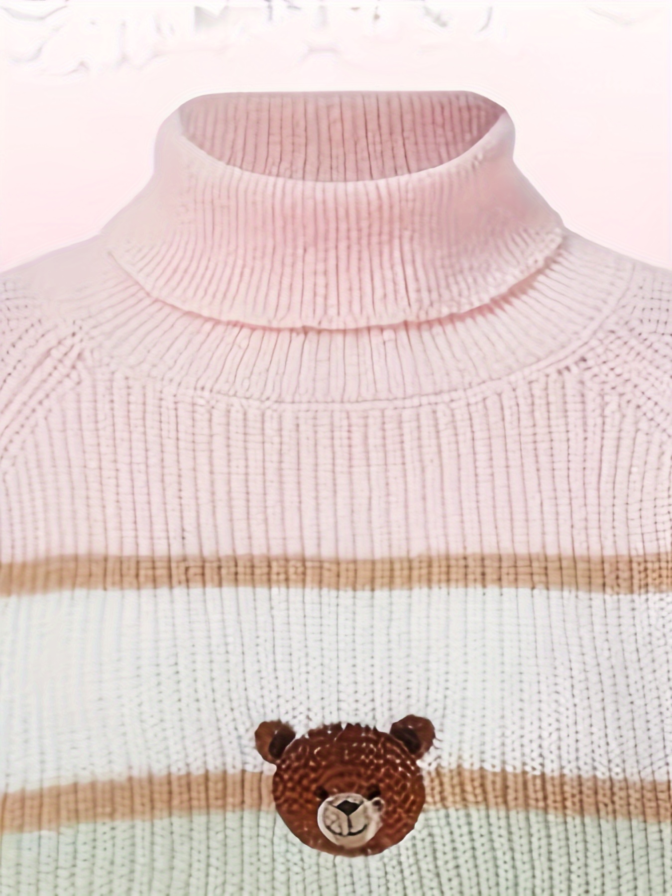 bear pattern striped pullover sweater cute turtle neck long sleeve crop sweater womens clothing details 9