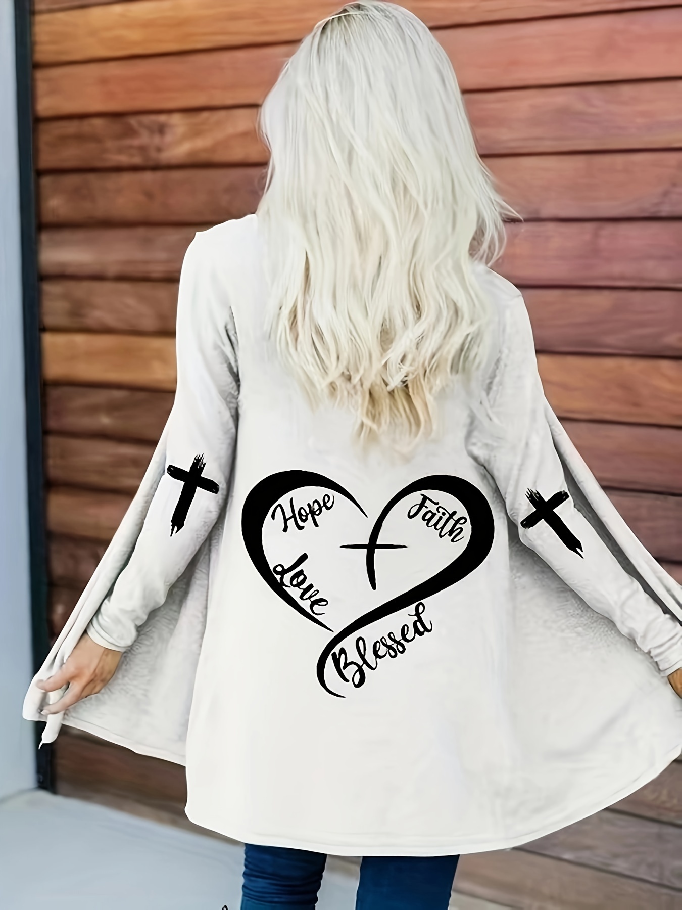 cross graphic print open front cardigan casual long sleeve cardigan for spring fall womens clothing details 1