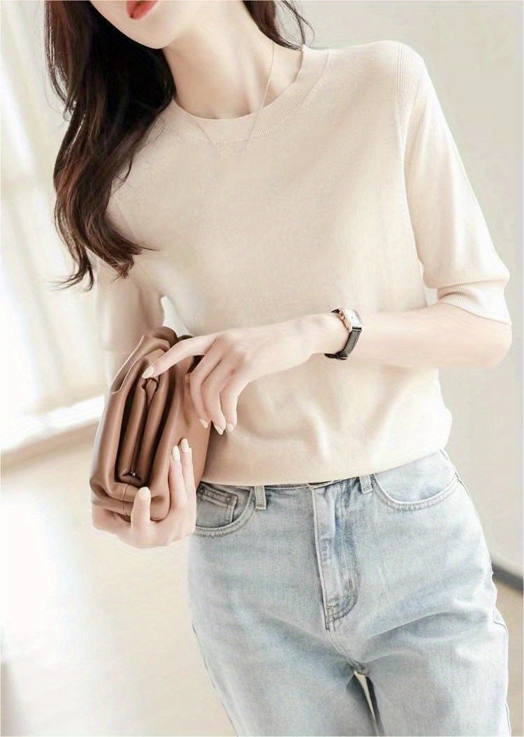 half sleeve knit swearter casual crew neck solid sweater for spring summer womens clothing details 13