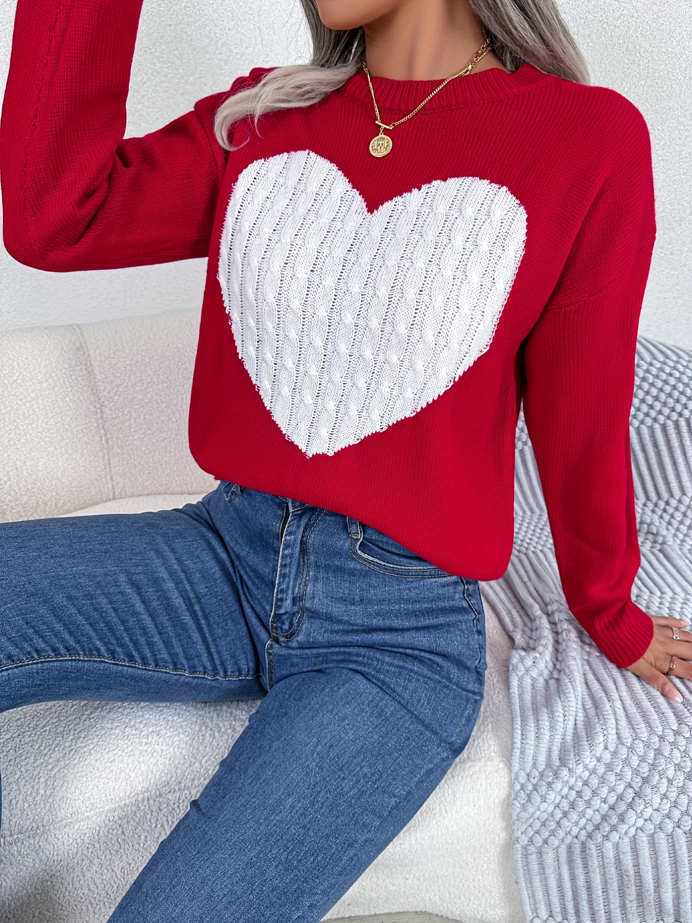 twist heart knitted pullover sweater casual long sleeve sweater for fall winter womens clothing details 2