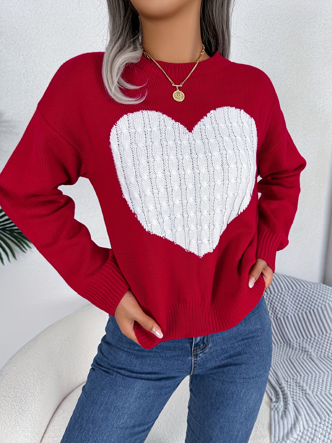 twist heart knitted pullover sweater casual long sleeve sweater for fall winter womens clothing details 4