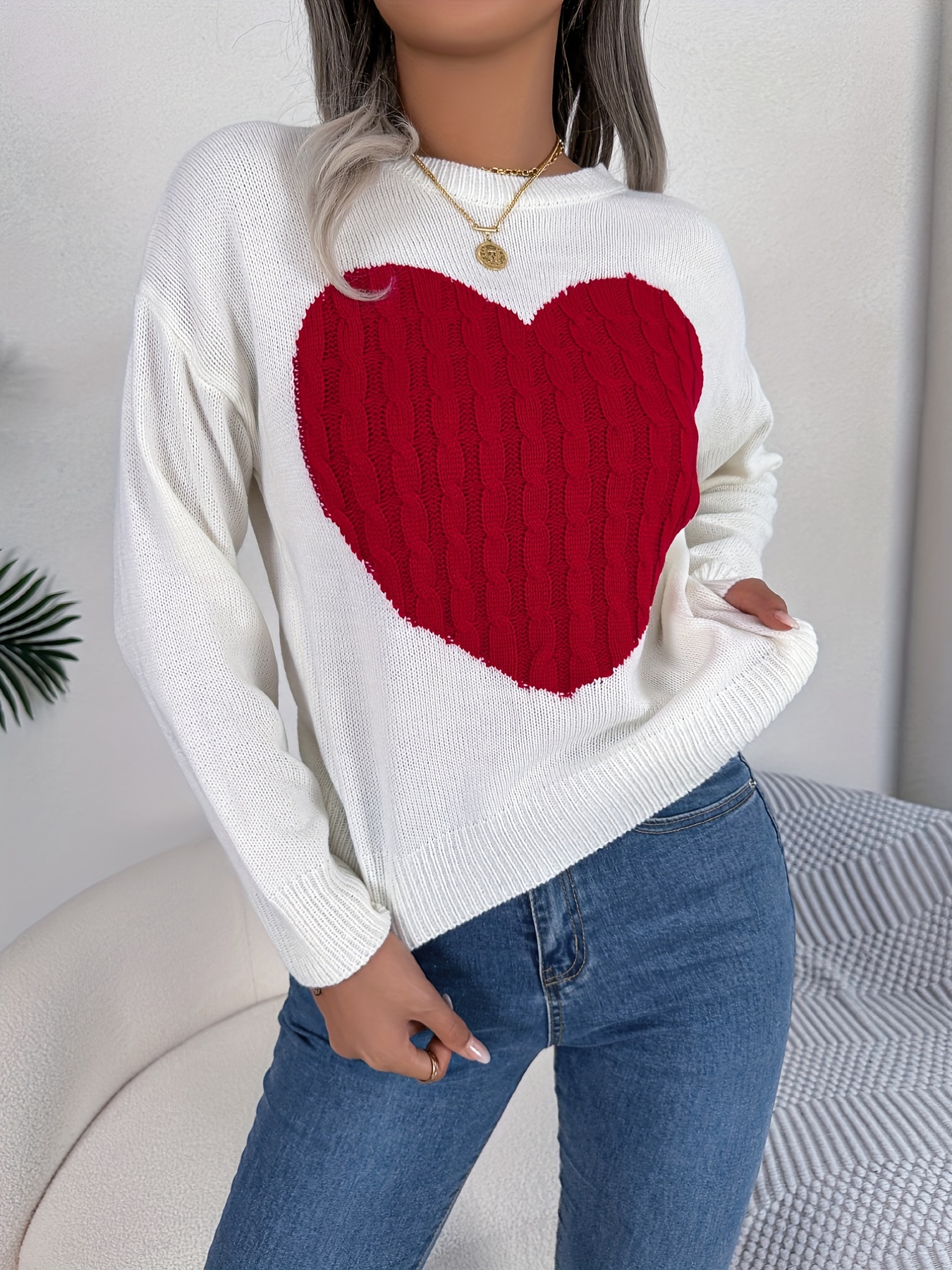 twist heart knitted pullover sweater casual long sleeve sweater for fall winter womens clothing details 9