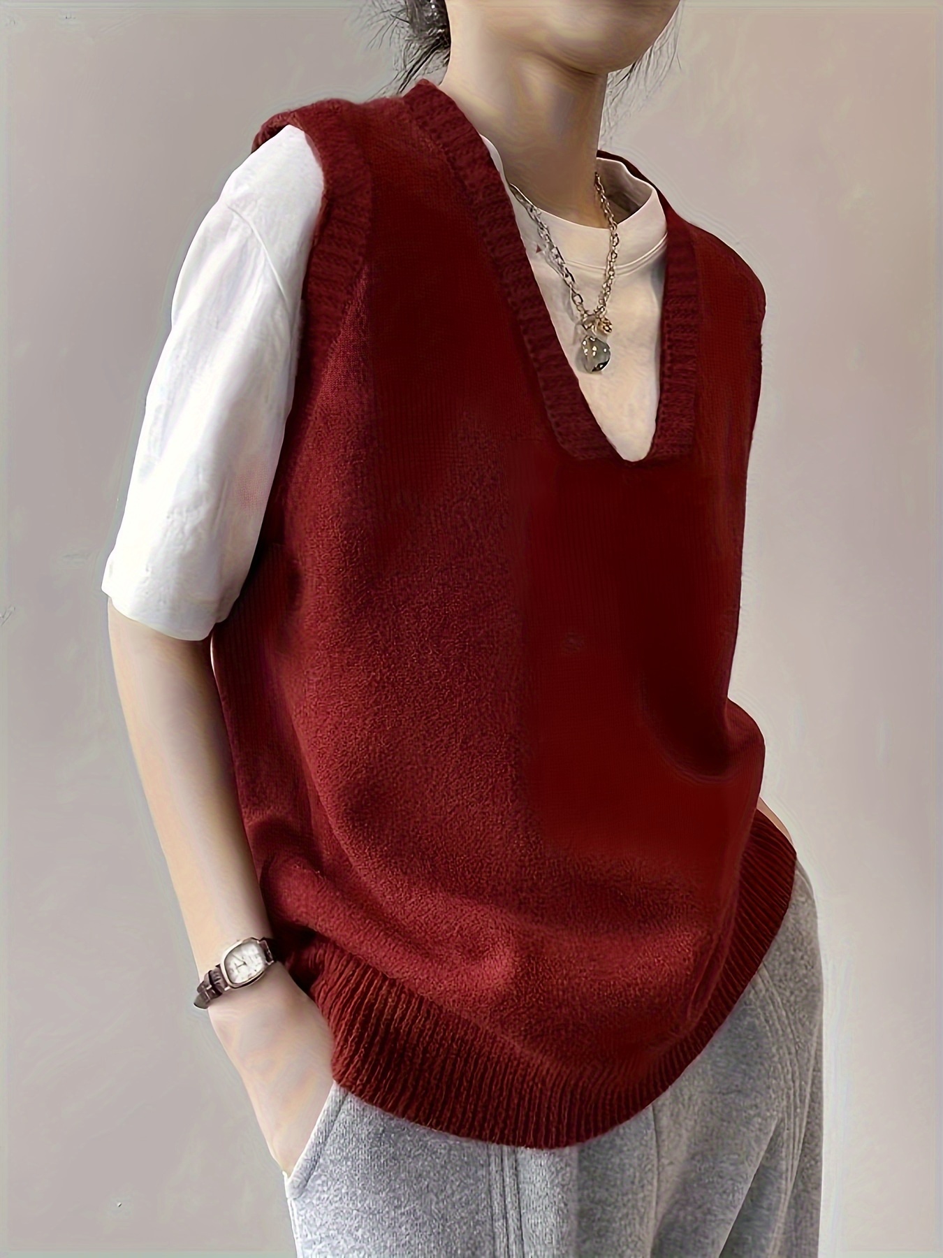 solid v neck sweater vest elegant sleeveless vest for spring fall womens clothing details 2