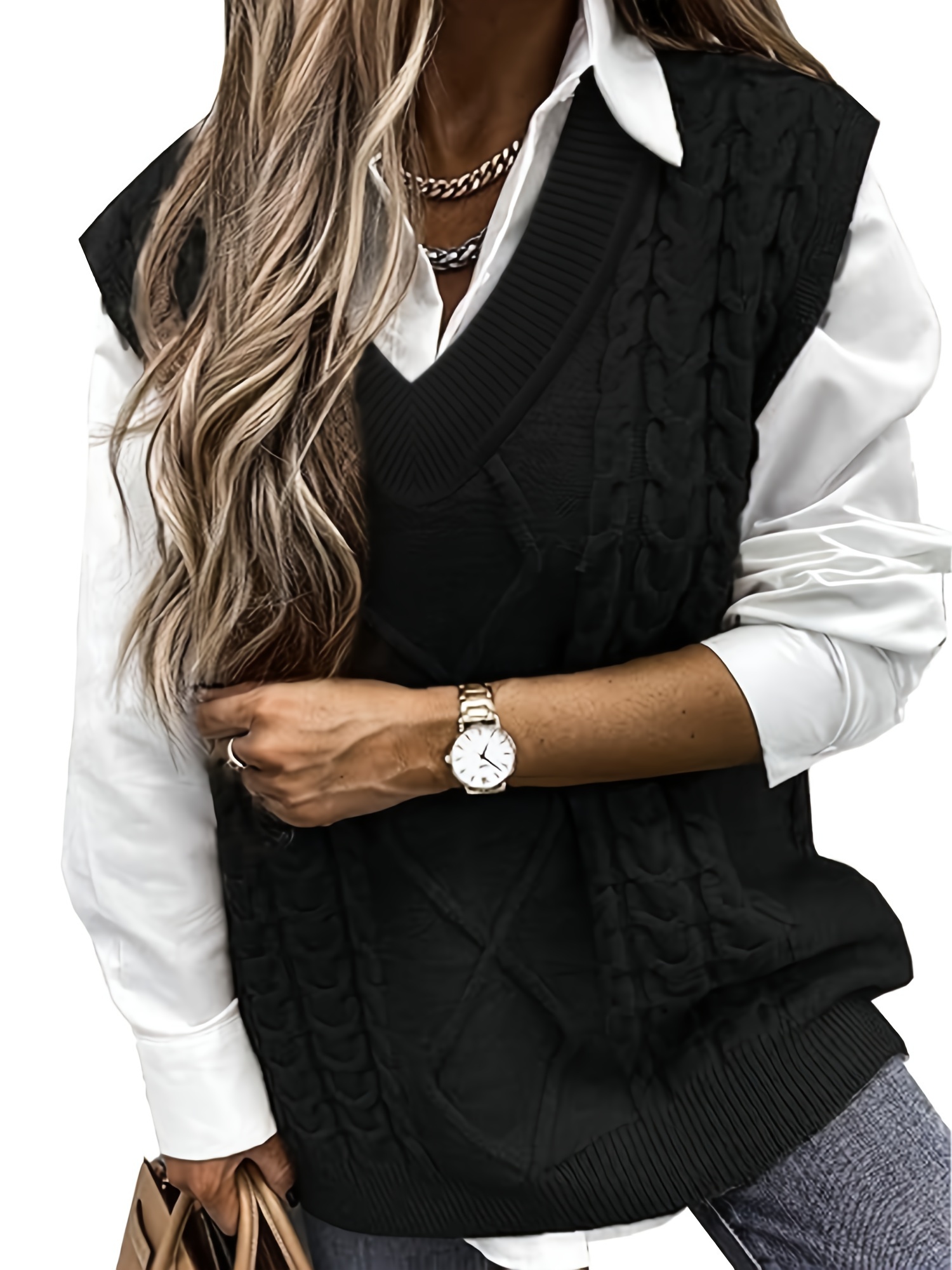 cable v neck knitted vest casual sleeveless vest for spring fall womens clothing details 0