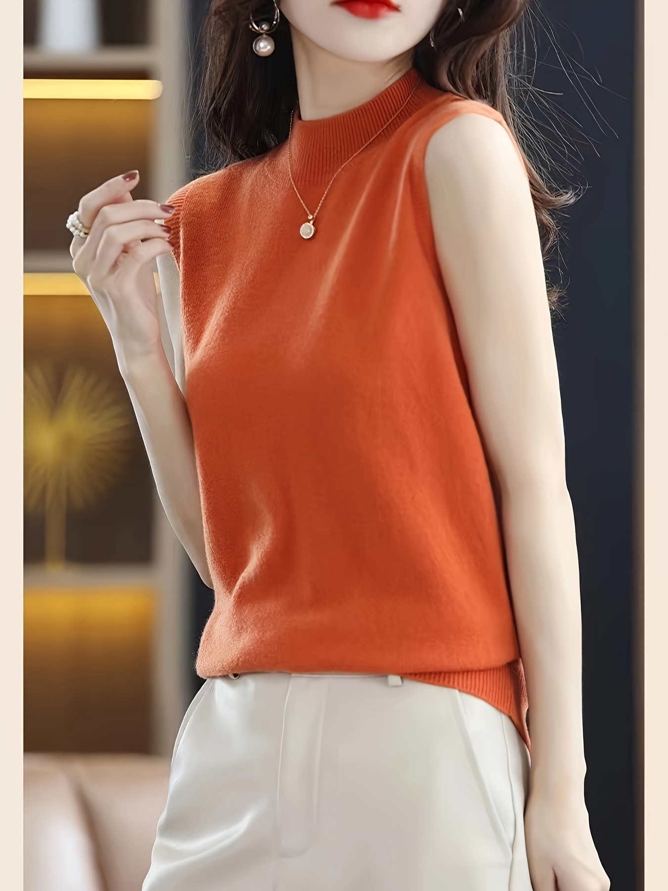 solid mock neck knitted top elegant sleeveless versatile top womens clothing details 1