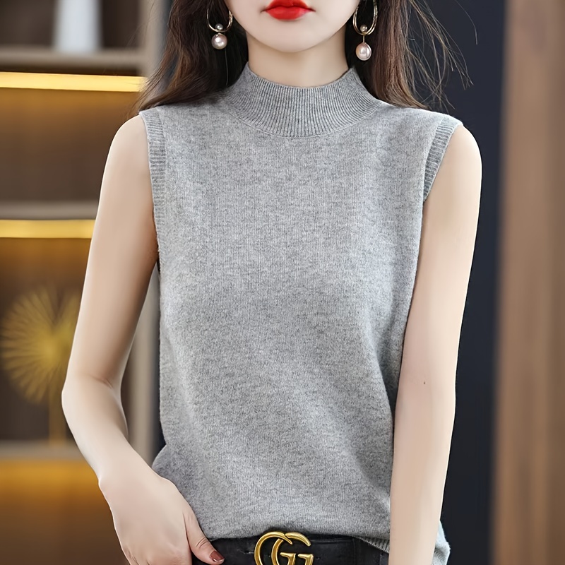 solid mock neck knitted top elegant sleeveless versatile top womens clothing details 3