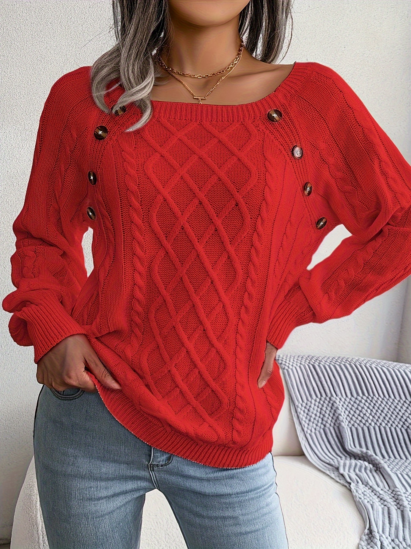 solid cable knit sweater casual crew neck long sleeve sweater womens clothing details 1