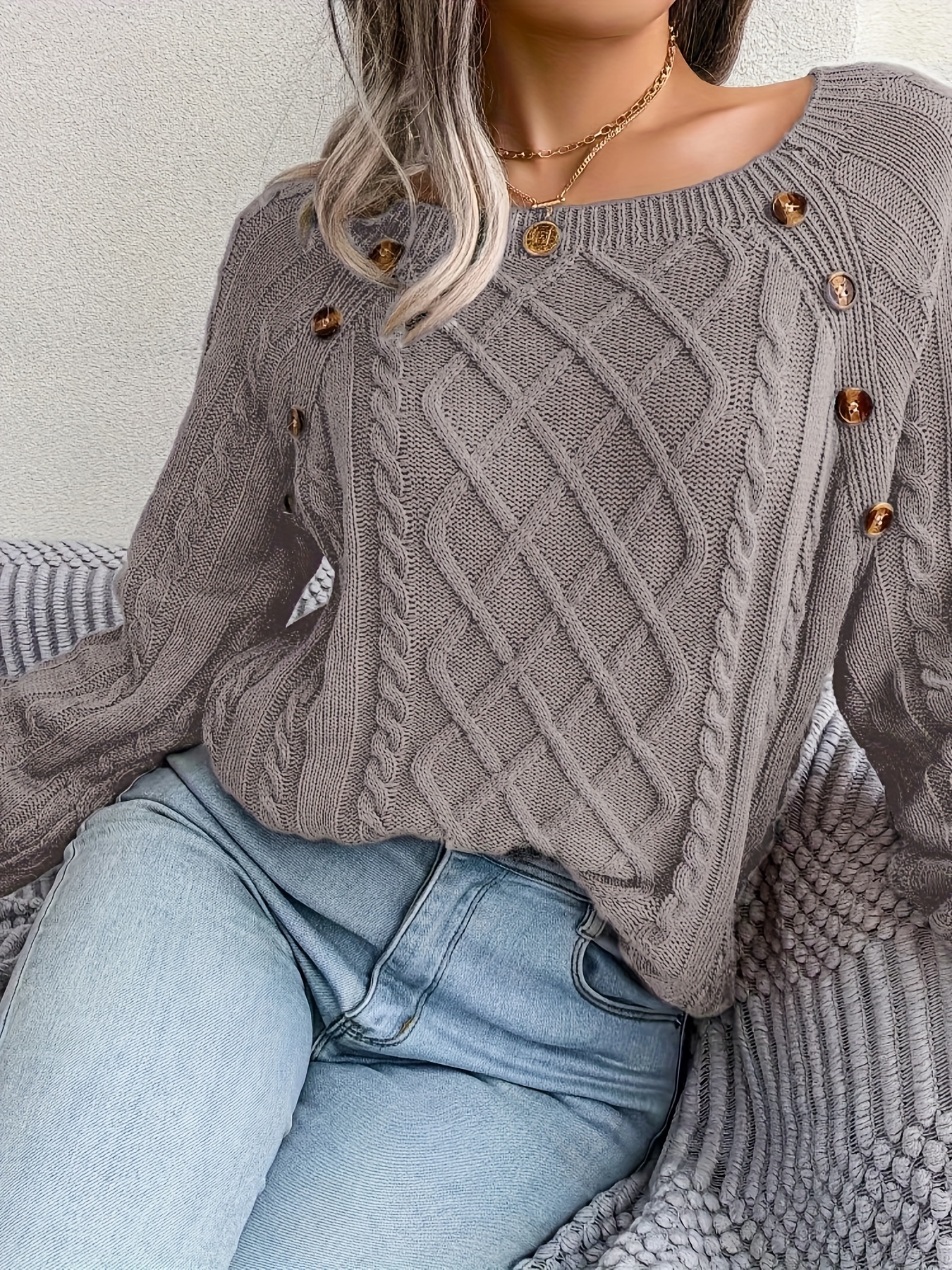 solid cable knit sweater casual crew neck long sleeve sweater womens clothing details 7