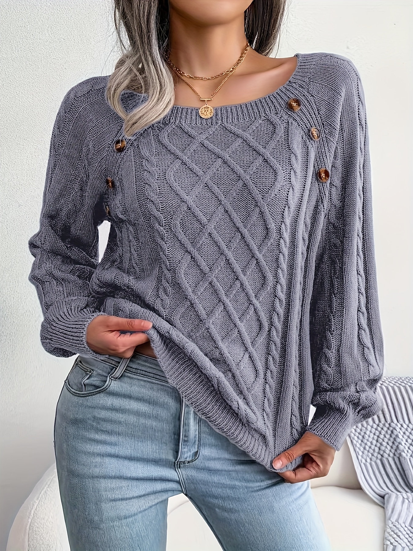 solid cable knit sweater casual crew neck long sleeve sweater womens clothing details 21