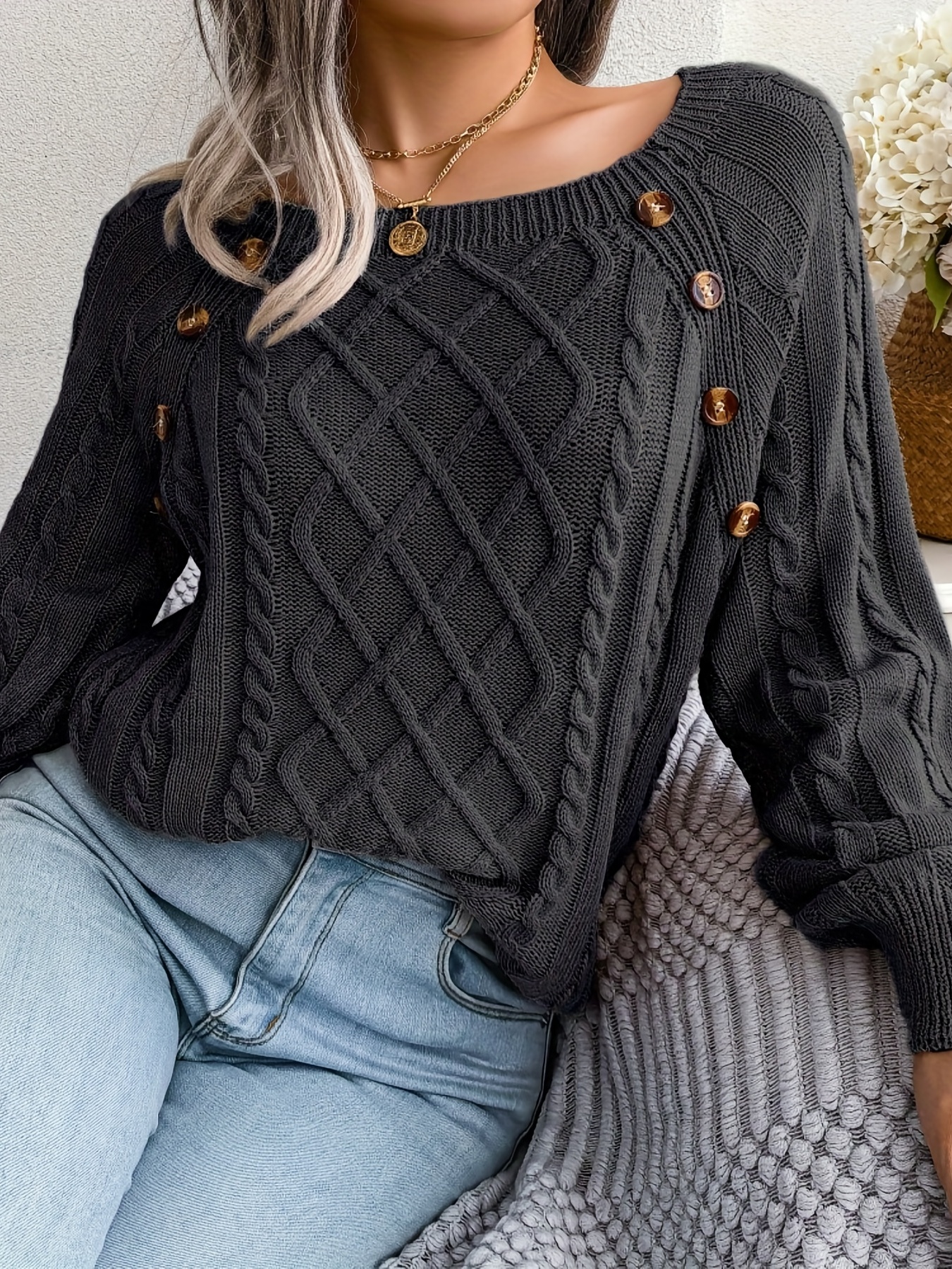 solid cable knit sweater casual crew neck long sleeve sweater womens clothing details 30