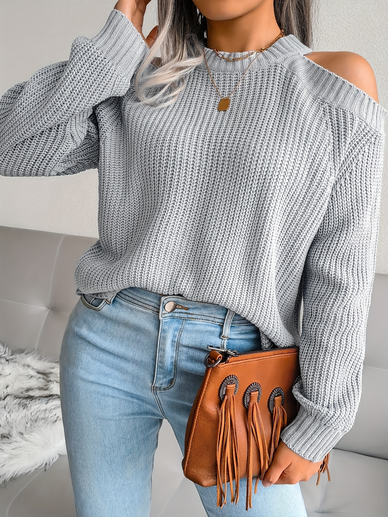 solid color crew neck cold shoulder knitted tops casual everyday pullover sweaters womens clothing details 4