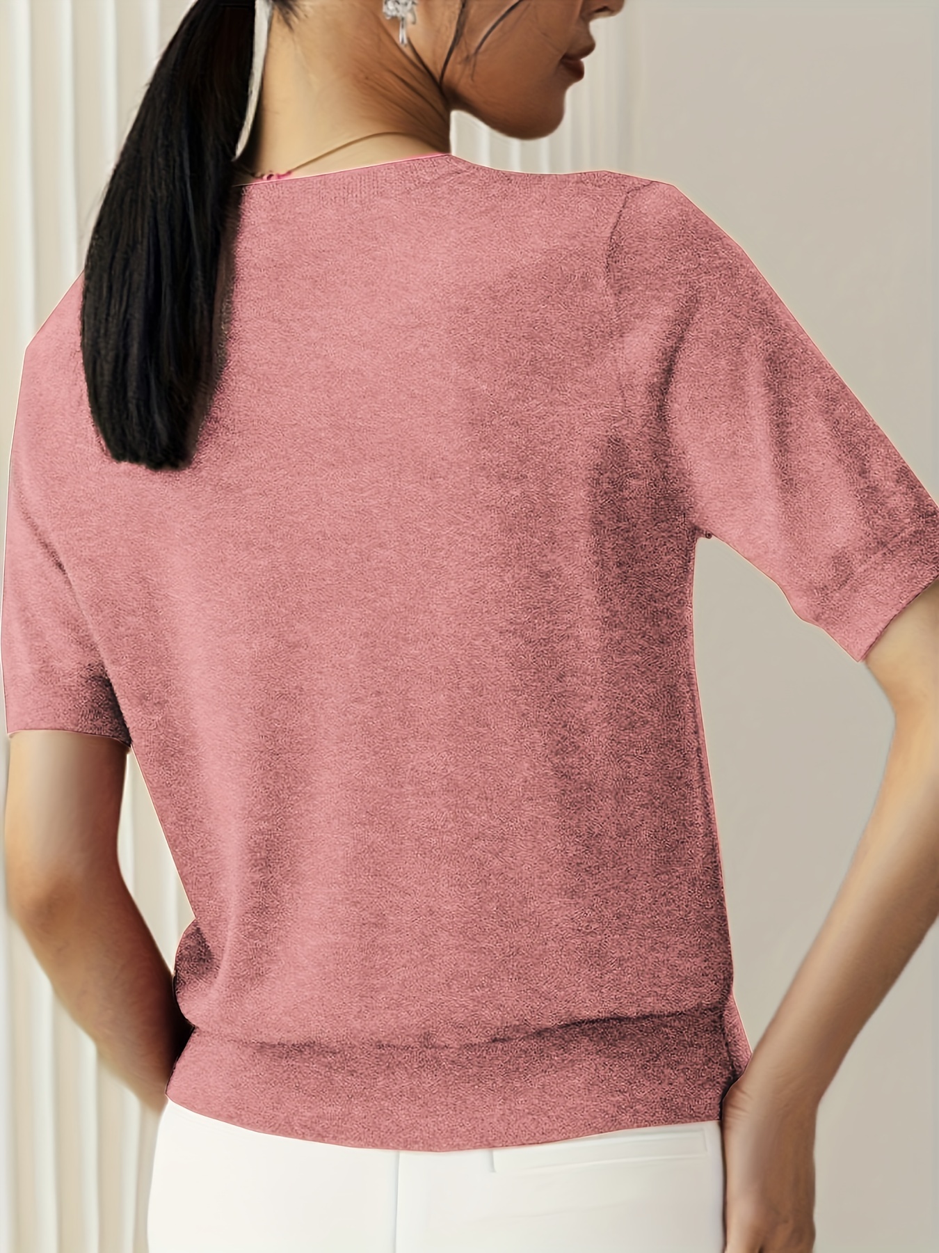 solid crew neck sweater casual short sleeve sweater for spring summer womens clothing details 7