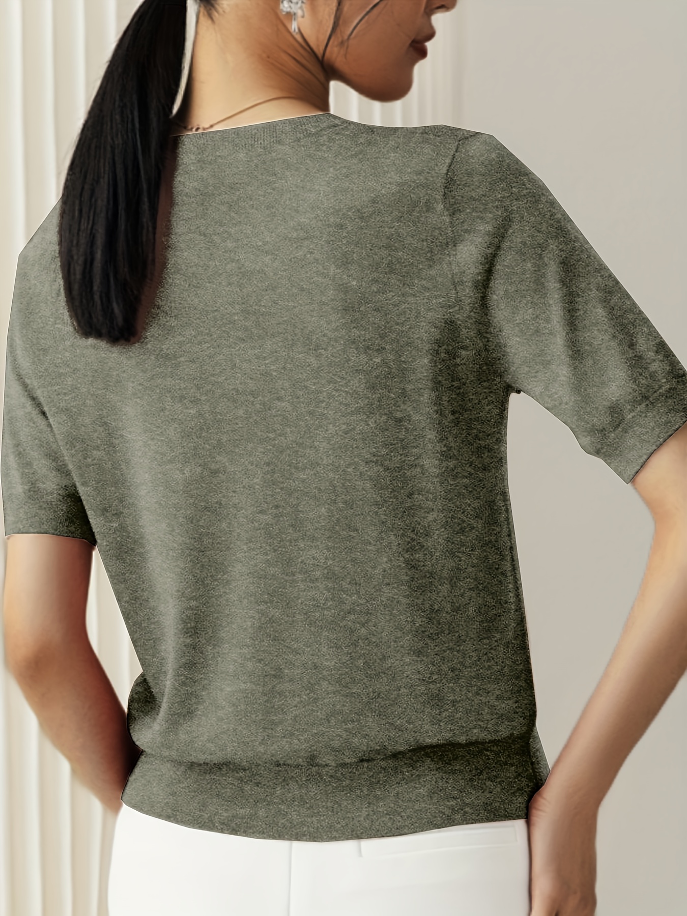 solid crew neck sweater casual short sleeve sweater for spring summer womens clothing details 13