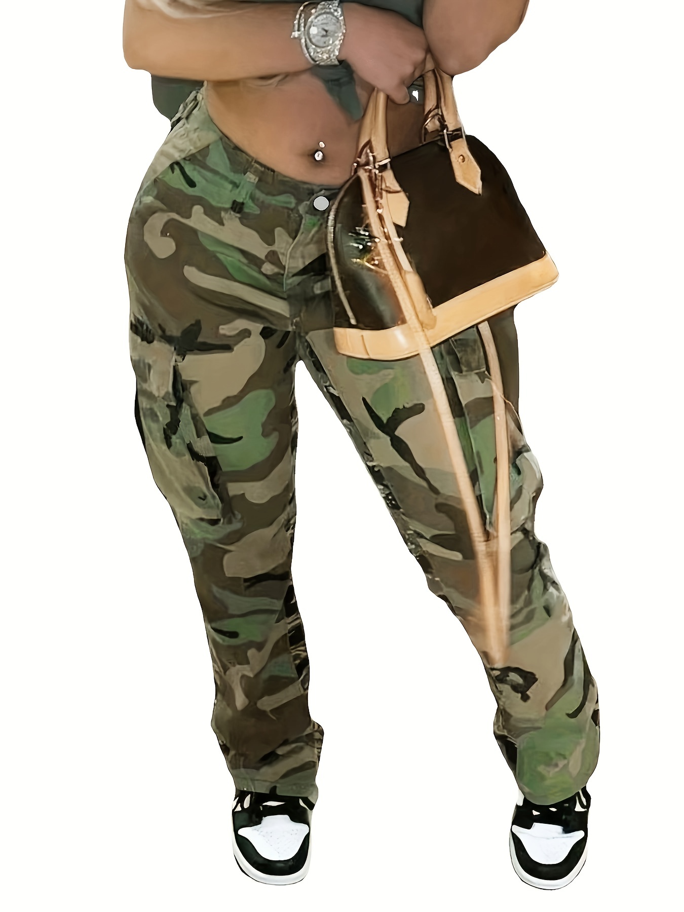 high waist straight camouflage cargo jeans camo print medium stretch side flap pocket high rise denim pants womens denim jeans clothing details 4