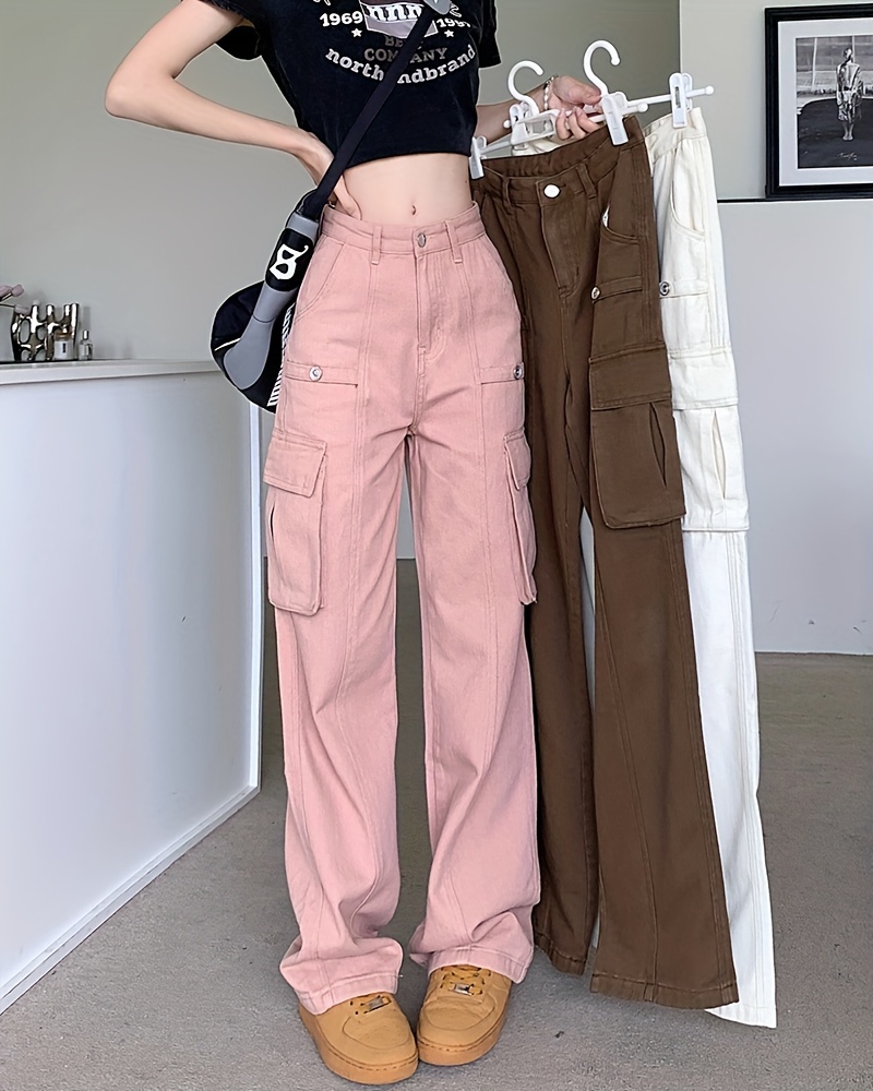 pink flap pockets cargo pants, plain flap pockets cargo pants non stretch loose fit high waist y2k kpop style straight jeans womens denim jeans clothing details 0