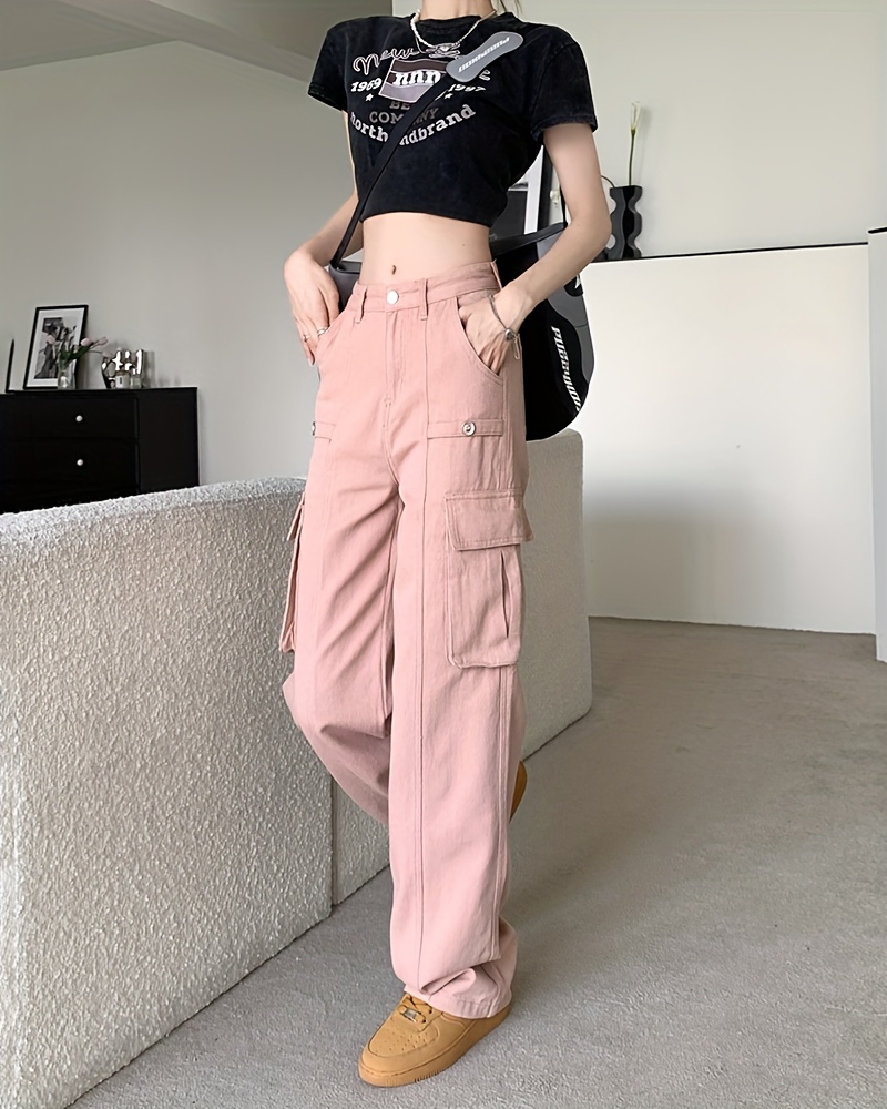 pink flap pockets cargo pants, plain flap pockets cargo pants non stretch loose fit high waist y2k kpop style straight jeans womens denim jeans clothing details 1