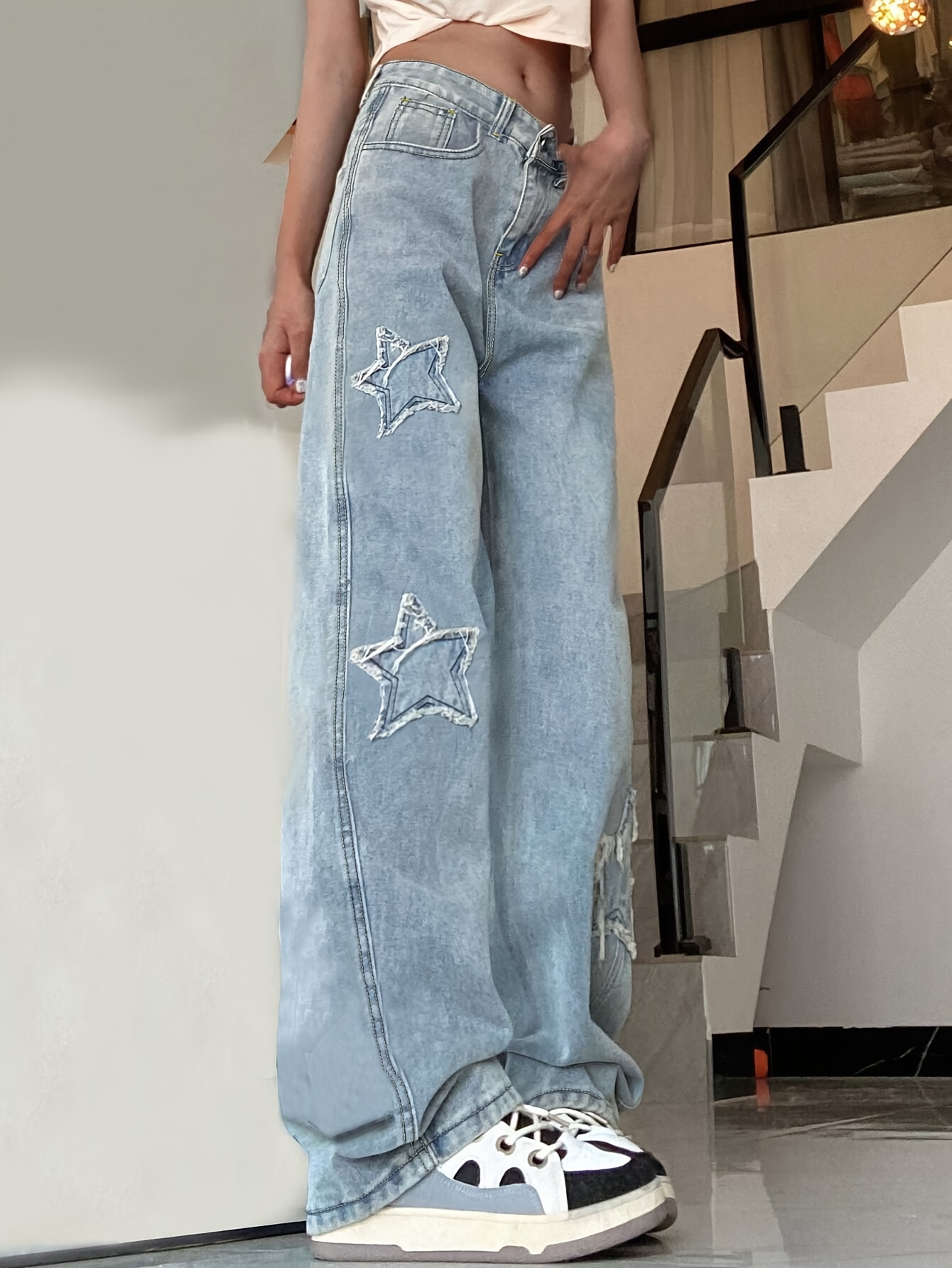 blue star shape patchwork straight jeans loose fit slant pockets non stretch denim pants womens denim jeans clothing details 4