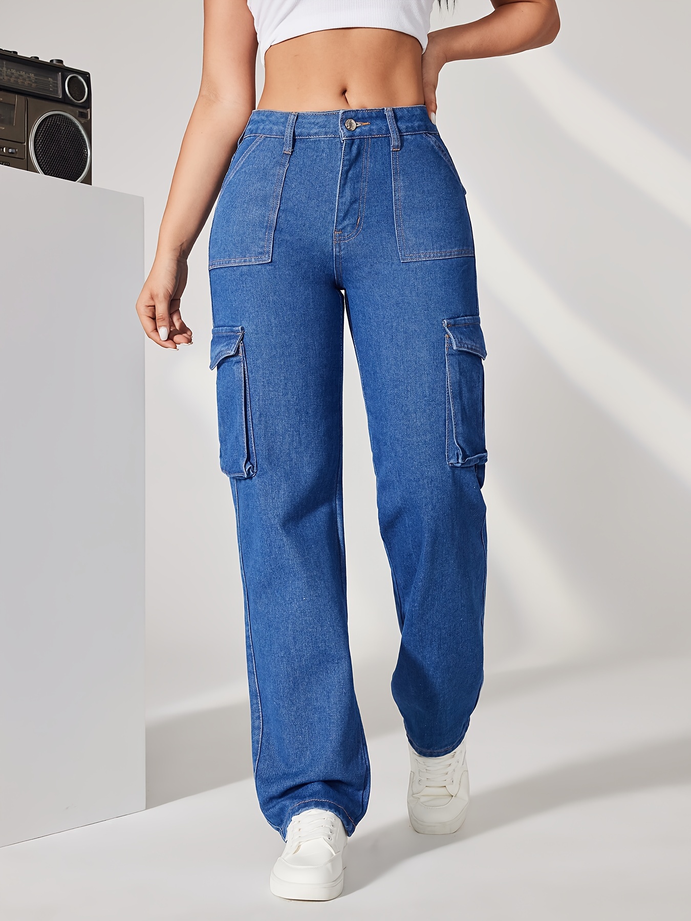 blue flap pockets cargo pants loose fit high waist y2k kpop style straight jeans womens denim jeans clothing details 1