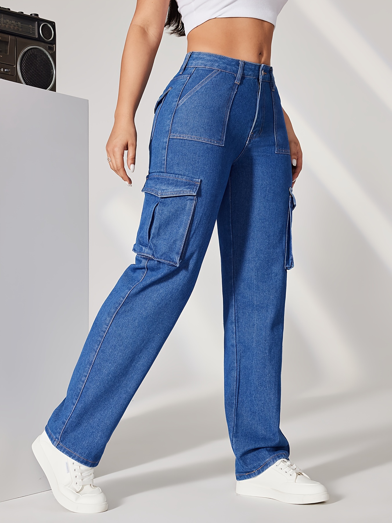 blue flap pockets cargo pants loose fit high waist y2k kpop style straight jeans womens denim jeans clothing details 5