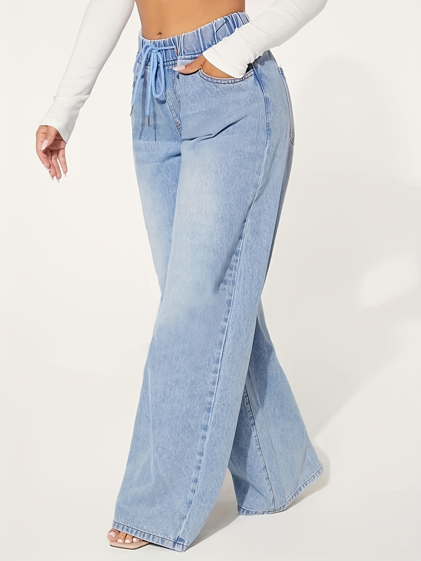 blue drawstring elastic waist baggy jeans loose fit washed wide legs jeans womens denim jeans clothing details 2