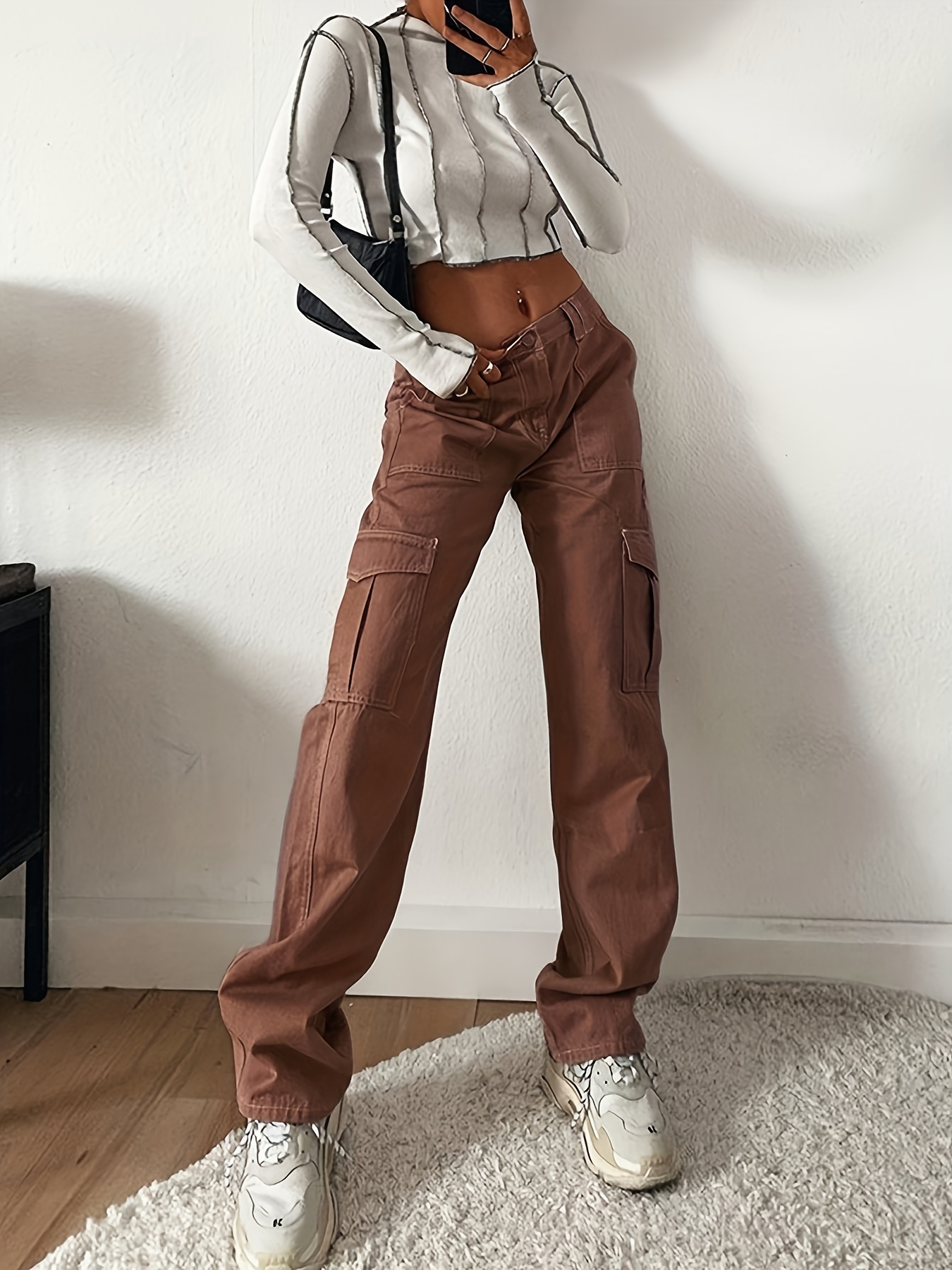 loose fit high waist cargo pants wide legs high rise flap pockets non stretch straight legs denim pants y2k kpop vintage style womens denim jeans clothing details 2